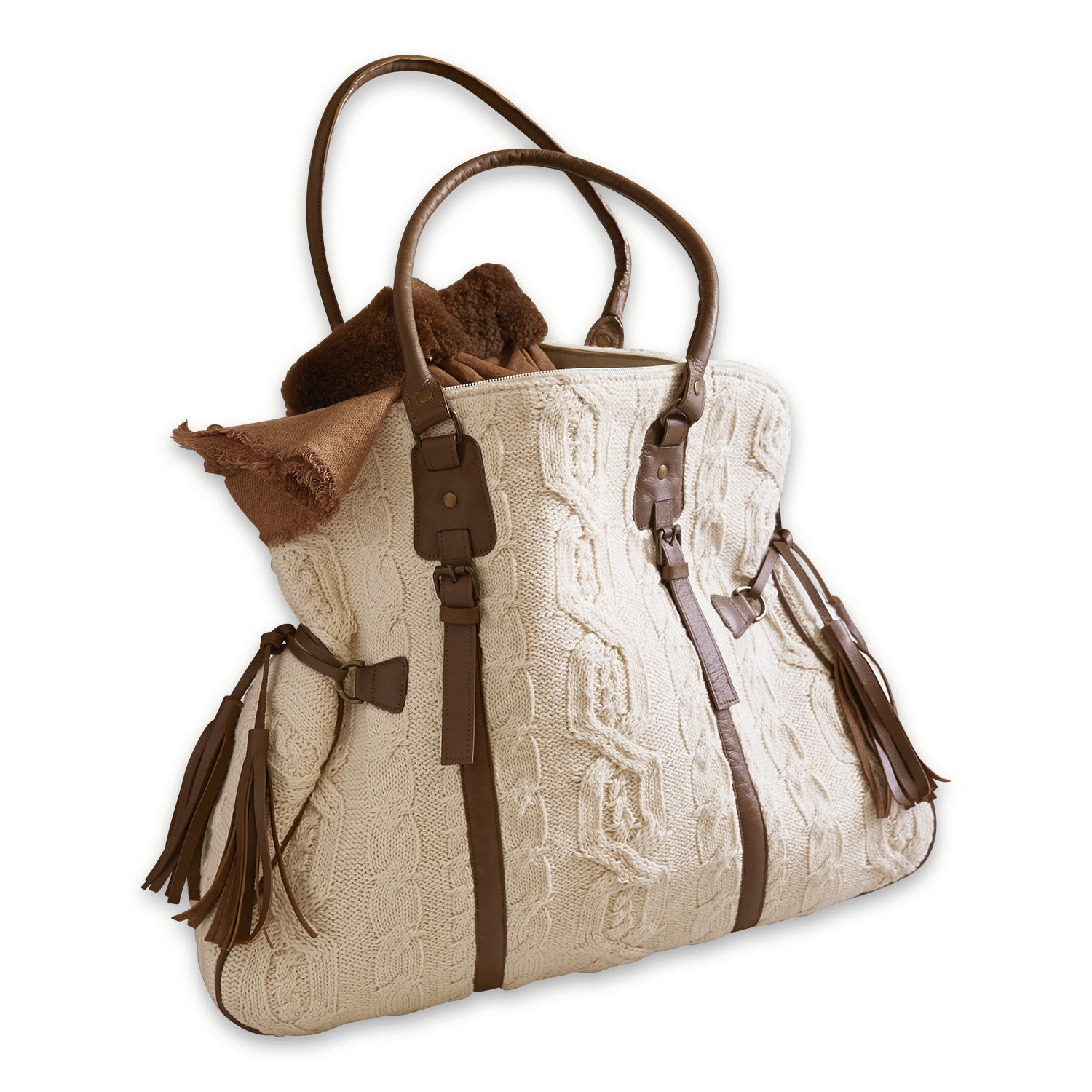 Tasche Donna aus cremefarbenem Strickmaterial mit braunen Lederdetails, modisches Accessoire
