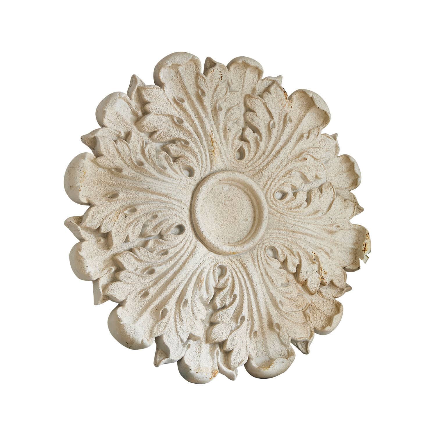 Wandornament Rosavelle Dekorative weisse Steinrosette mit reliefartigem Blattmuster, Wanddekoration