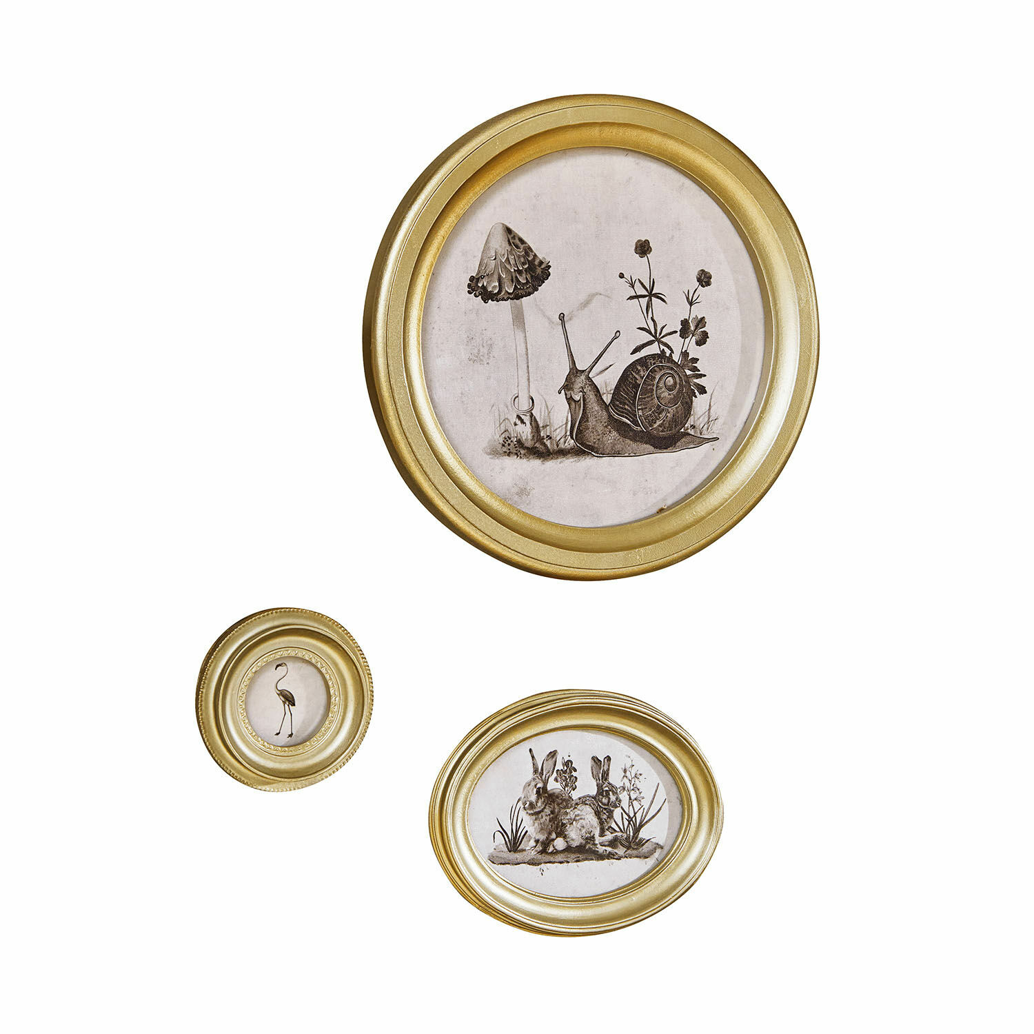 Bild 3er Set Atriana Drei goldene Bilderrahmen mit Zeichnungen von Schnecke, Flamingo und Hase als Wanddekoration