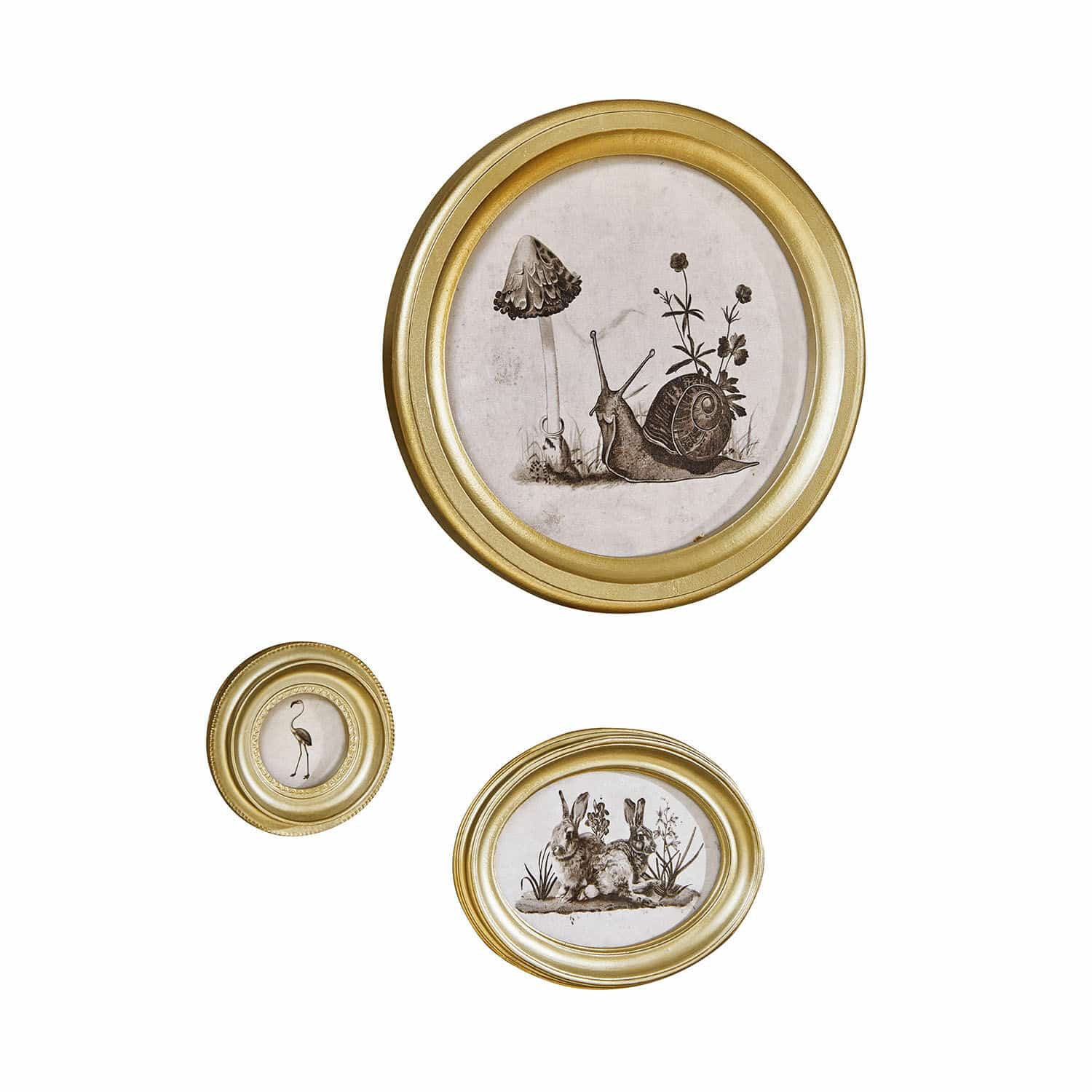 Bild 3er Set Atriana Drei goldene Bilderrahmen mit Zeichnungen von Schnecke, Flamingo und Hase als Wanddekoration