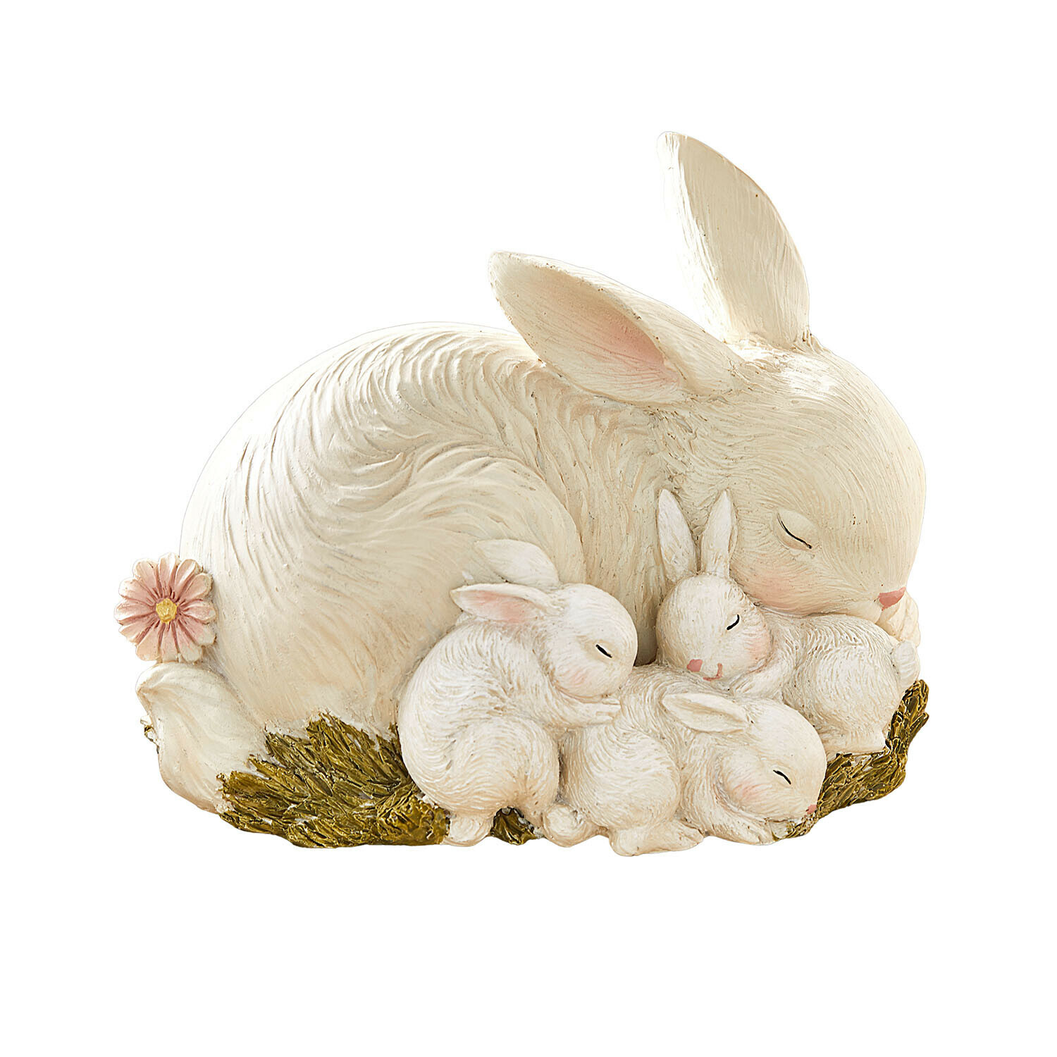 Hasen Seravoux Resinfigur einer schlafenden weissen Hasenfamilie auf grünem Gras mit rosa Blume