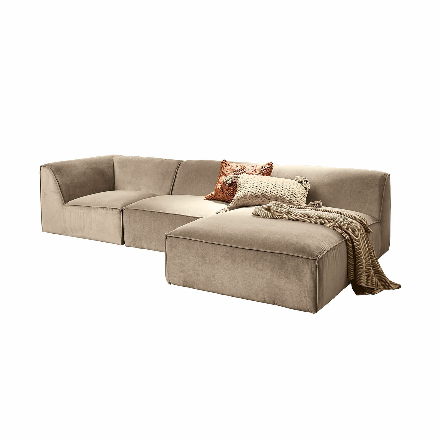 Sofa McLean Beige modulare Couch aus weichem Stoff mit Kissen und Decke, moderner und bequemer Sessel für das Wohnzimmer