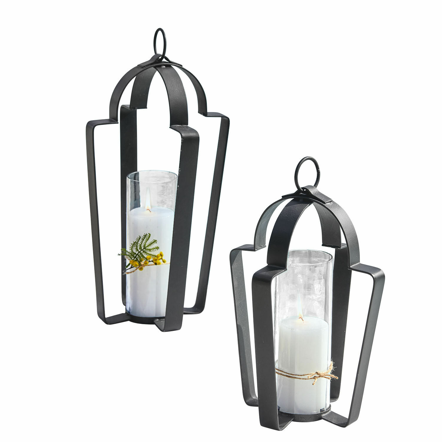 Laterne 2er Set Cime Set aus zwei schwarzen Metalllaternen mit weissen Kerzen und Glasschutz, stilvolle Wohnraumdekoration