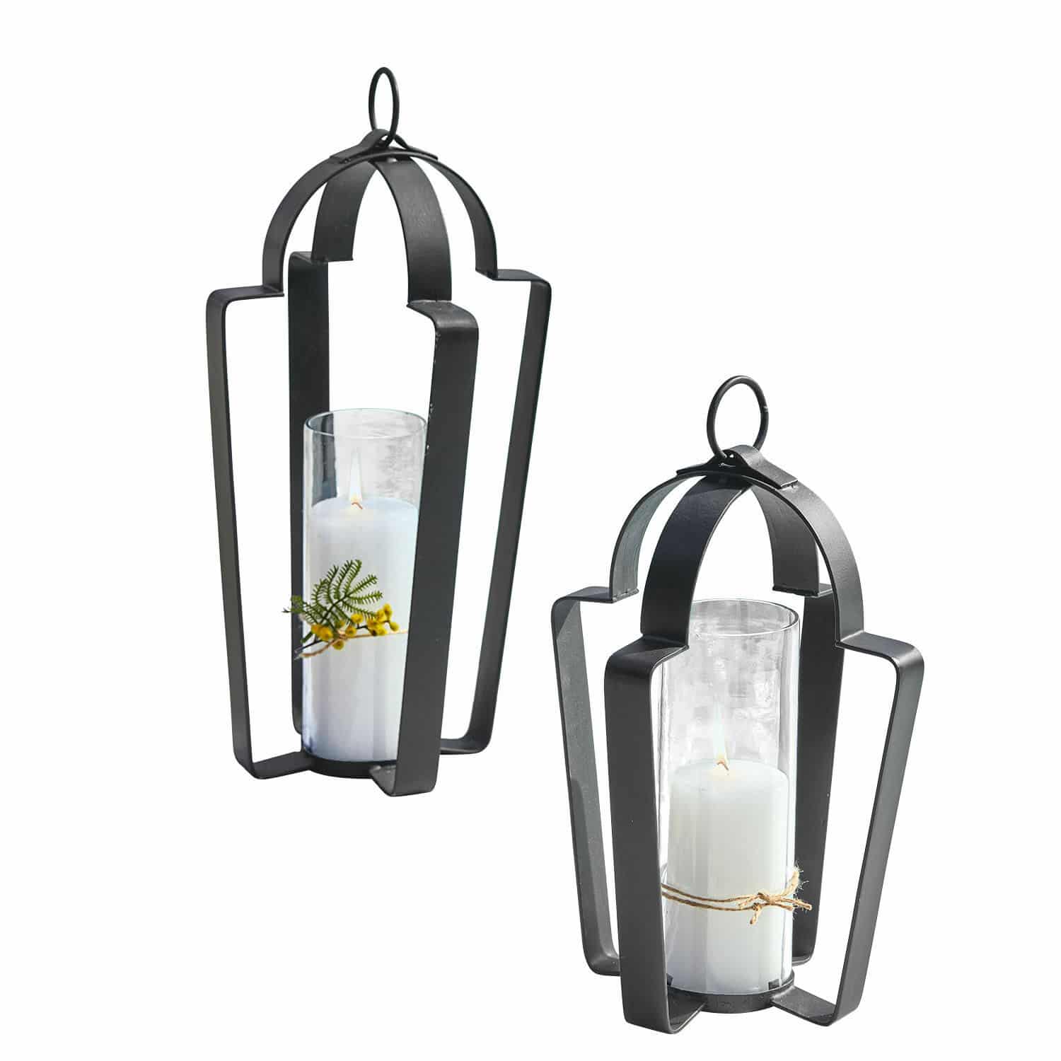 Laterne 2er Set Cime Set aus zwei schwarzen Metalllaternen mit weissen Kerzen und Glasschutz, stilvolle Wohnraumdekoration