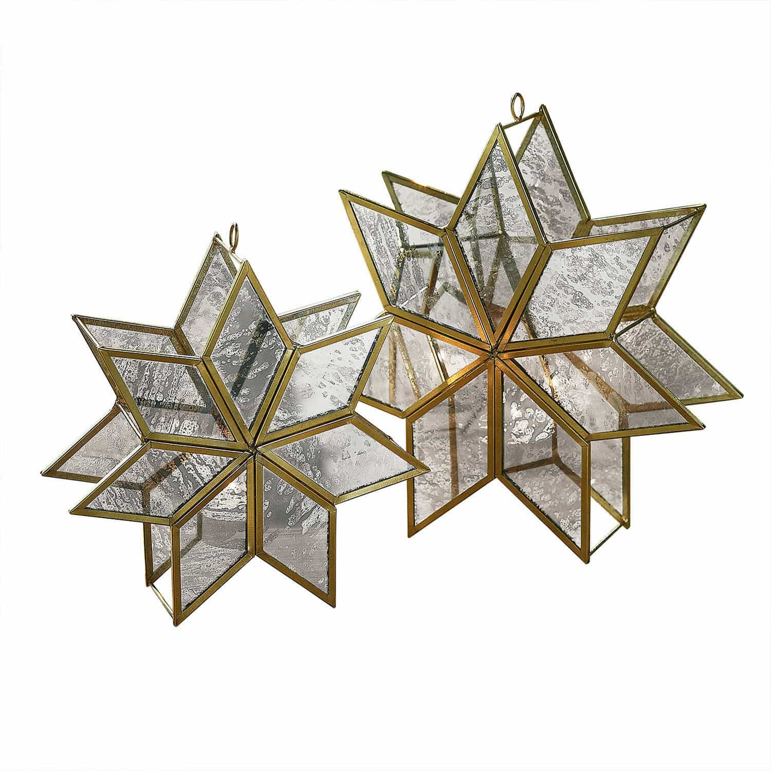 Kerzenhalter 2er Set Zaydan Dekorative Sterne aus Messing und gealtertem Glas, hängende Weihnachtsdekorationen