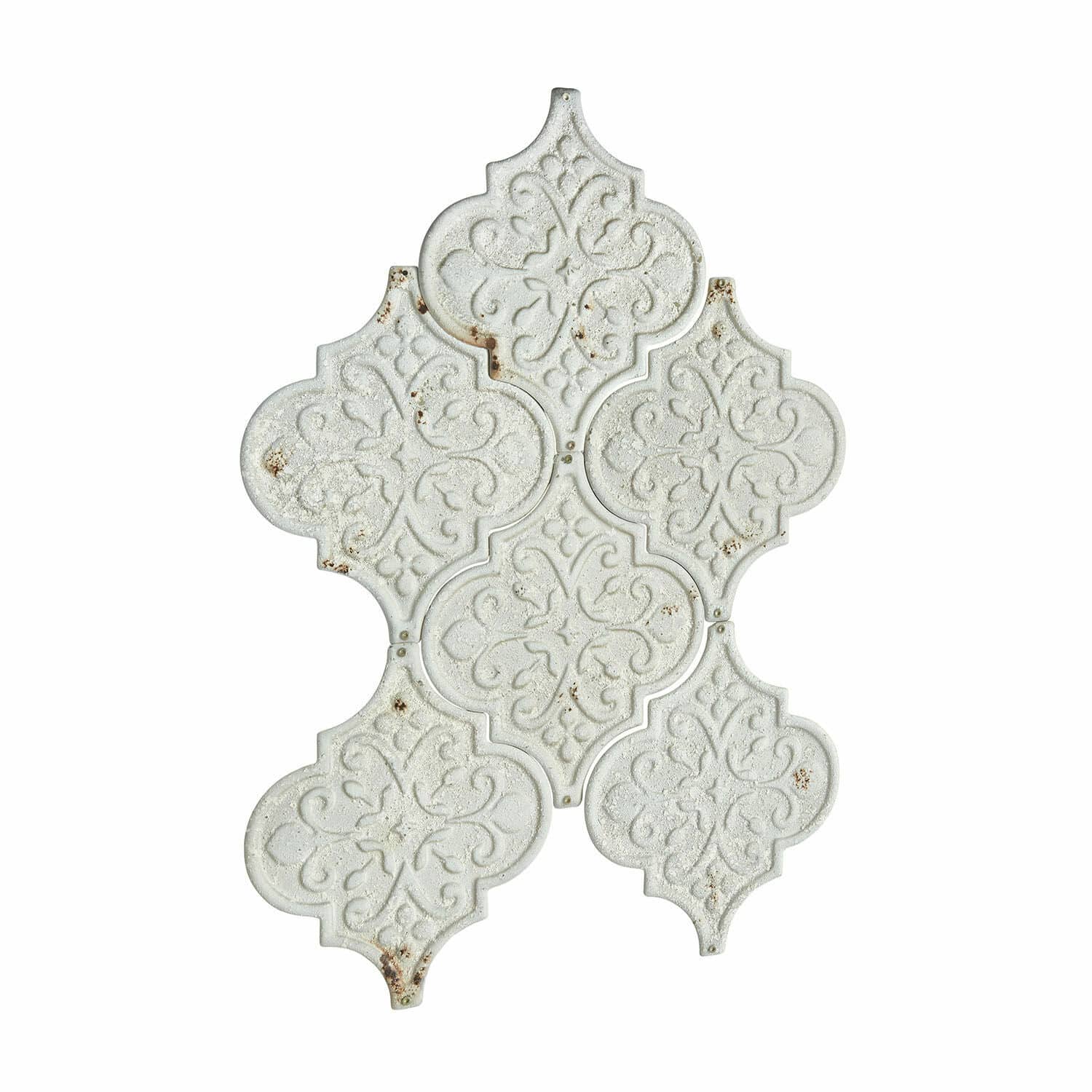 Wandornament 6er Set Halira Weisse Keramikfliesen mit dekorativem Muster und antiker Patina für Wandgestaltung