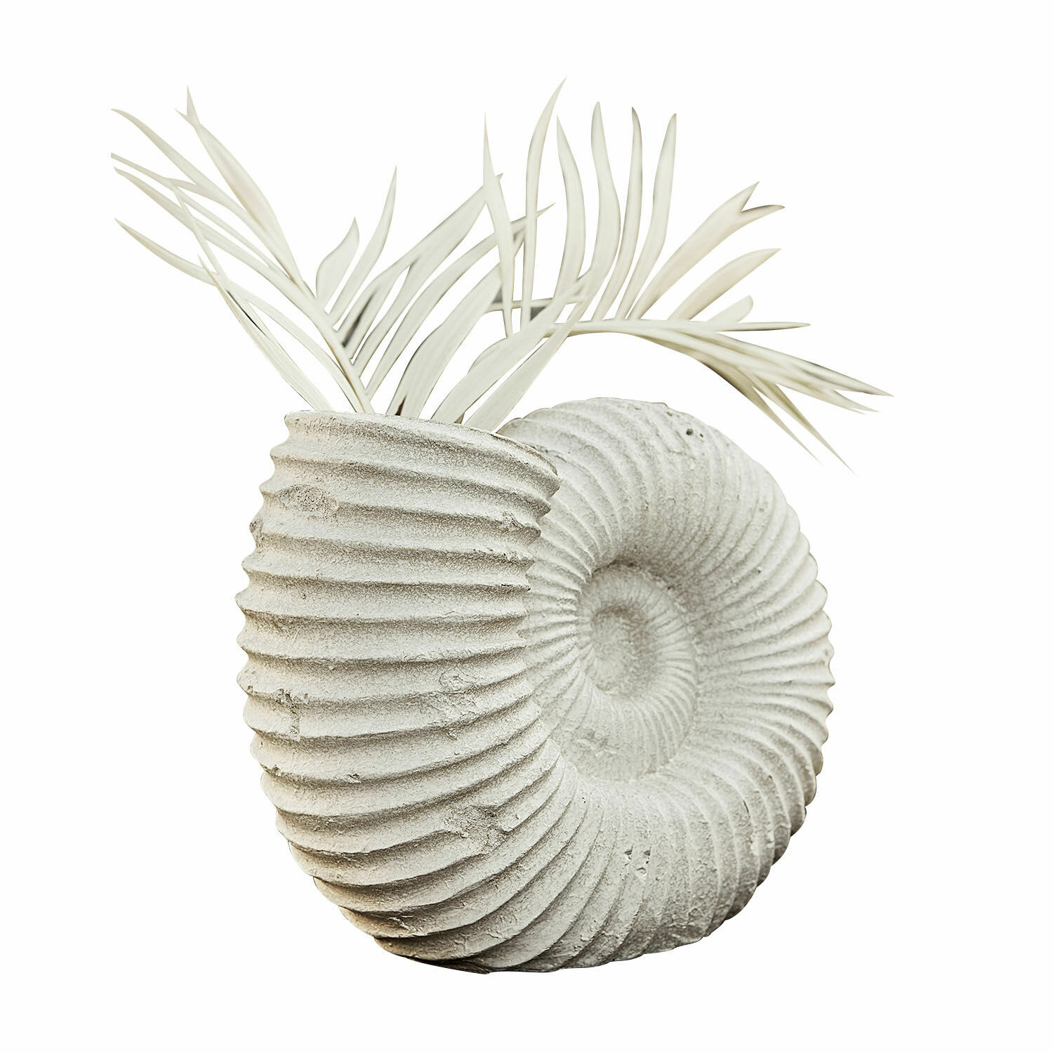 Vase Korrellin Dekorativer Blumentopf aus grauem Beton in Muschelform mit weissen Deko-Blättern
