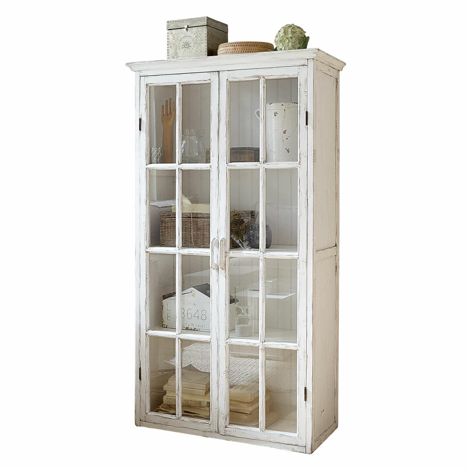 Schrank Keanu Weisse Holzvitrine mit Glastüren und dekorativen Regalen für das Wohnzimmer