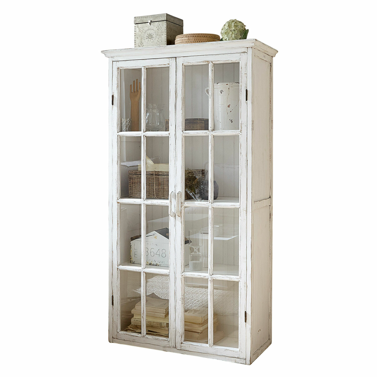 Schrank Keanu Weisse Holzvitrine mit Glastüren und dekorativen Regalen für das Wohnzimmer