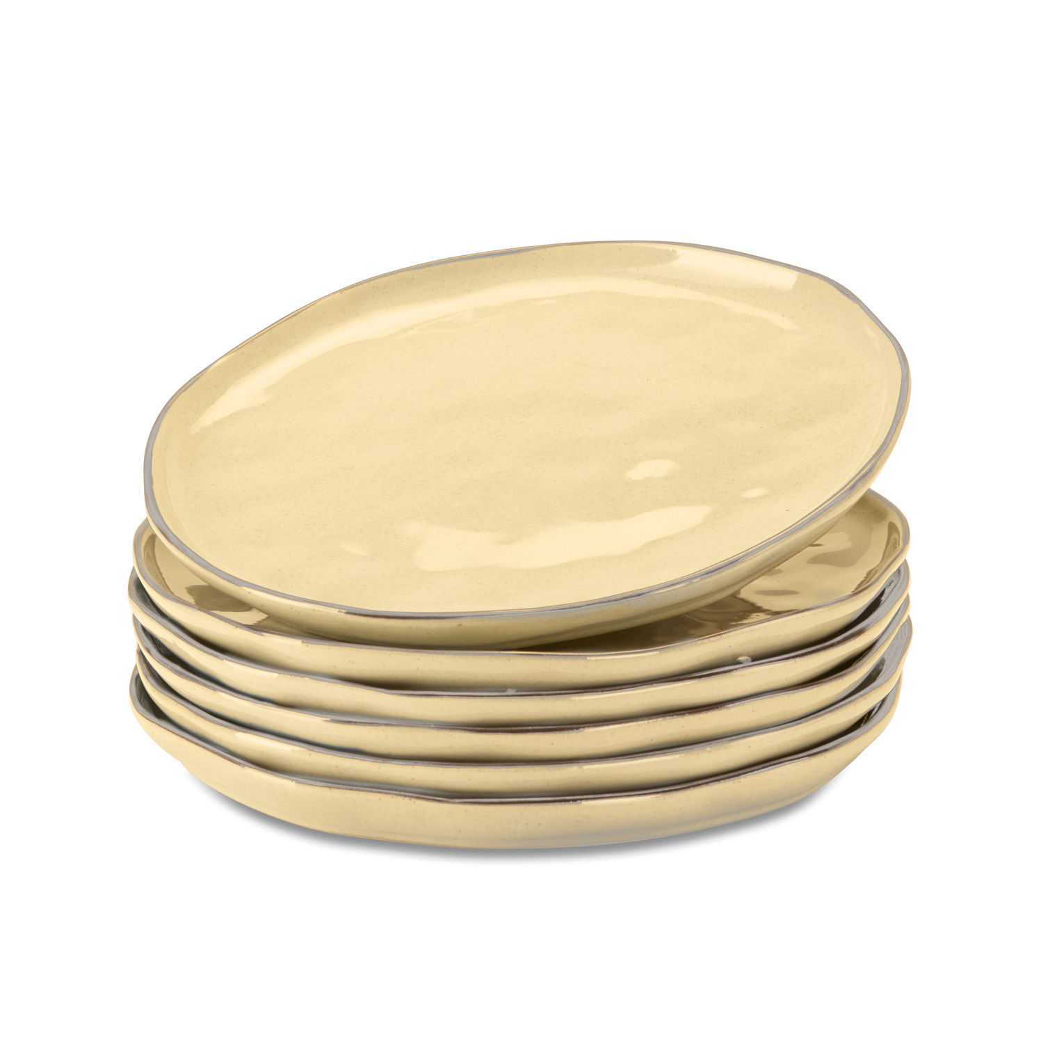 Sechsteiliges Set cremefarbener Keramikteller mit unregelmässigem Rand zum Servieren