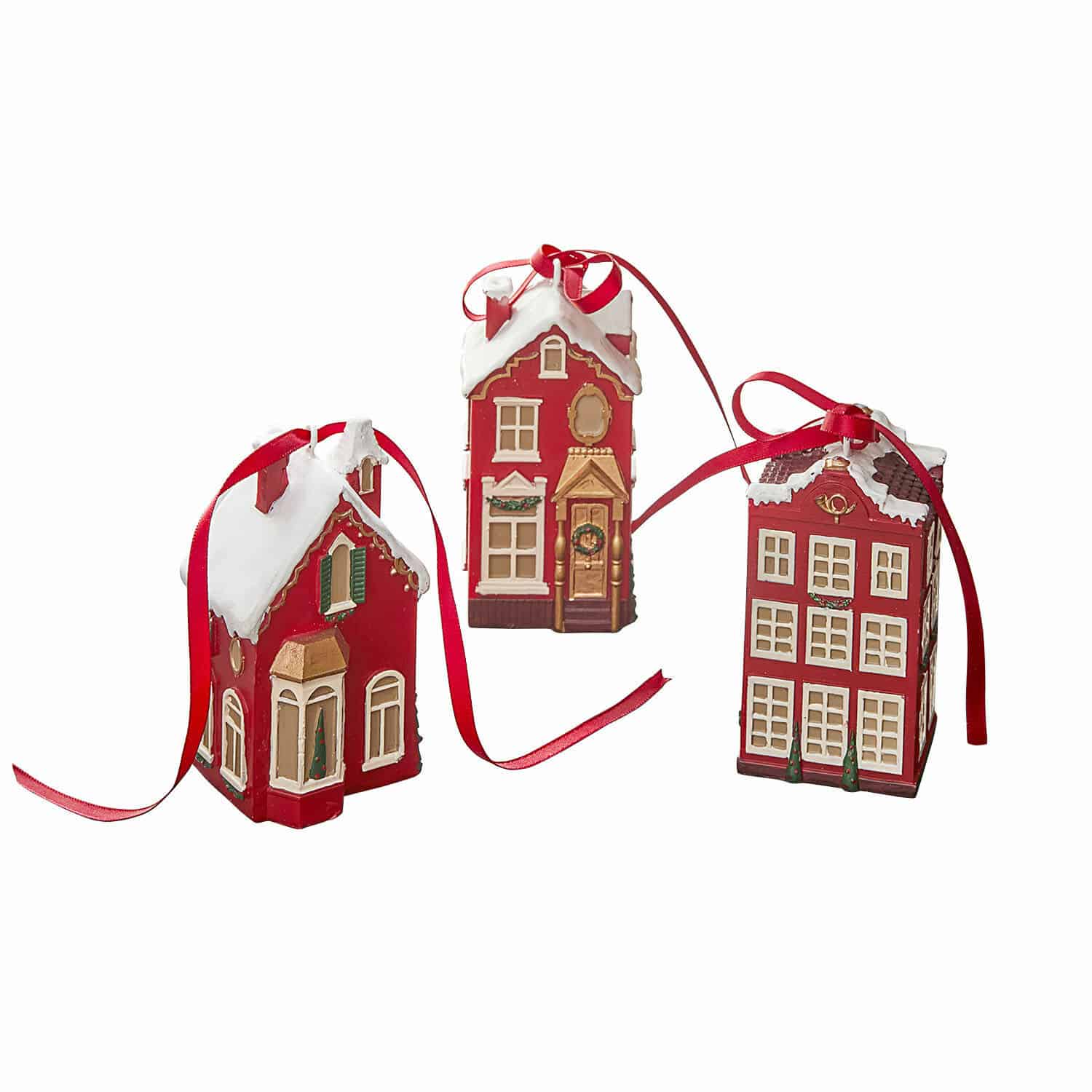 Anhänger 3er Set Aravyn Set mit drei roten Hausanhängern mit weissem Dach und rotem Band als Christbaumschmuck