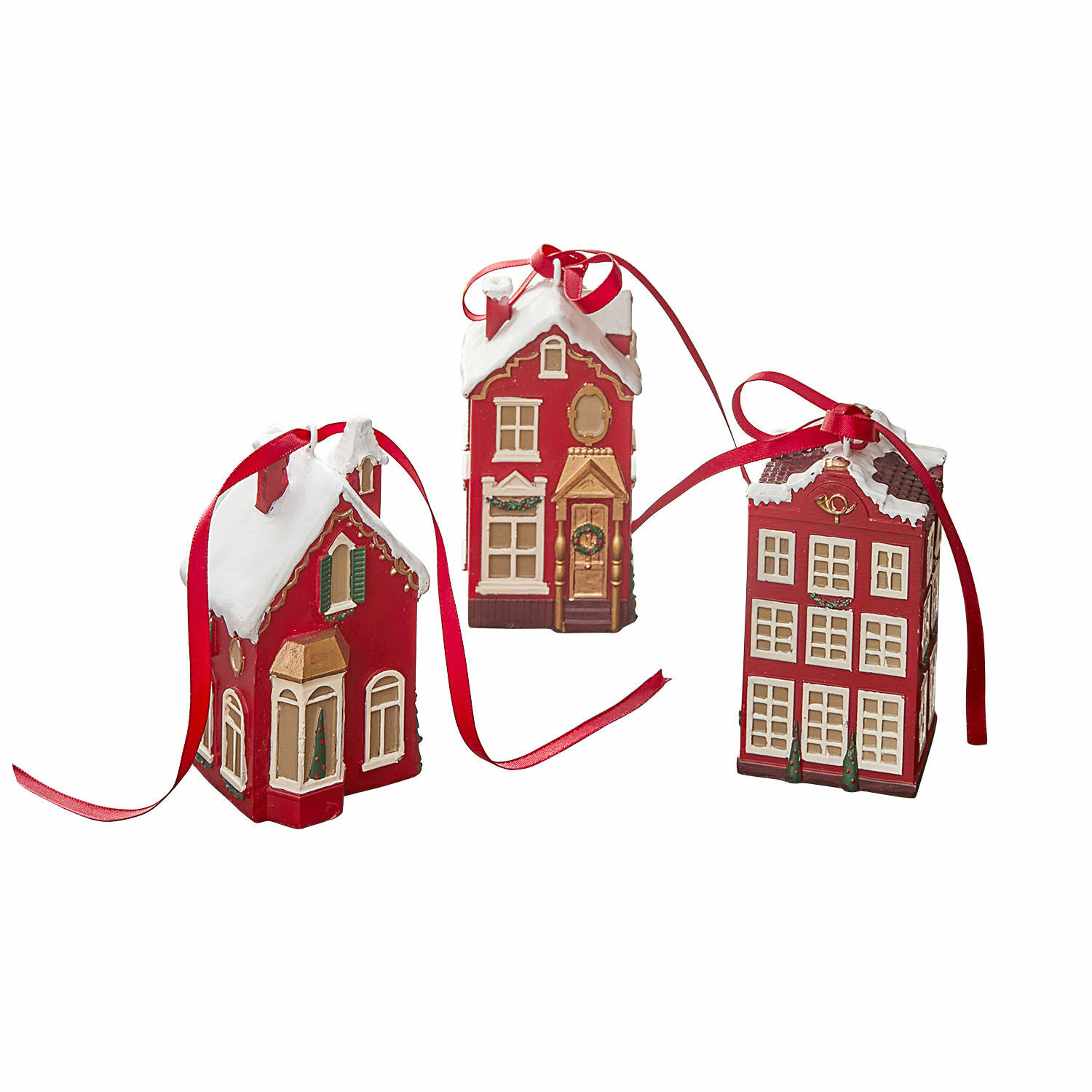 Anhänger 3er Set Aravyn Set mit drei roten Hausanhängern mit weissem Dach und rotem Band als Christbaumschmuck