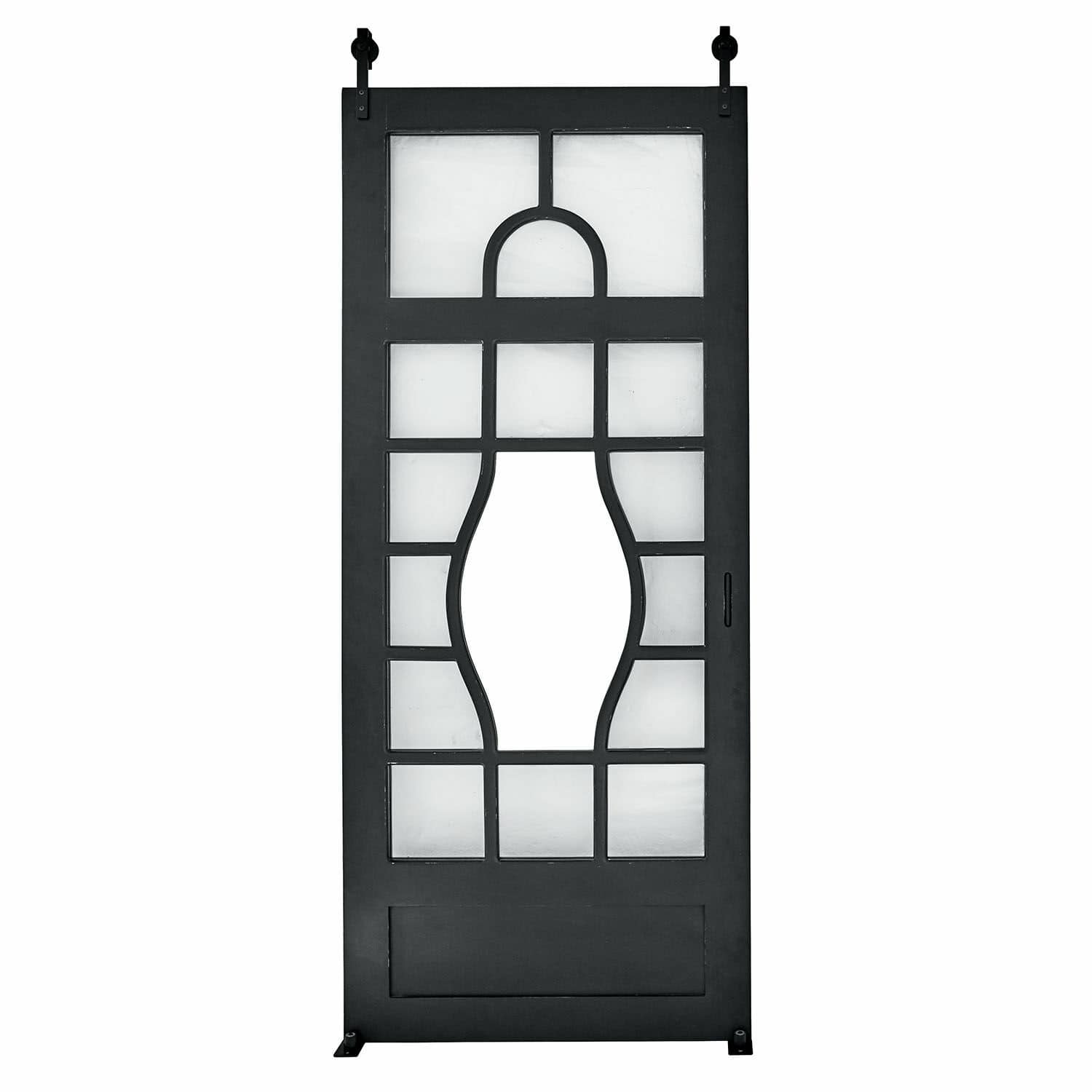 Schiebetür Wilmorton Schwarze Metall-Schiebetür mit geometrischem Muster und satiniertem Glas für Innenräume