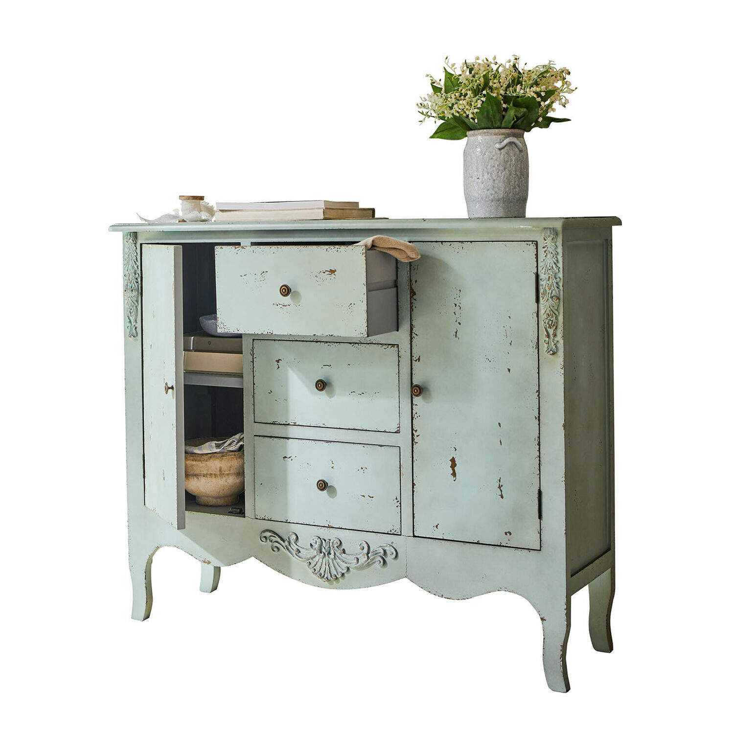 Kommode Thalorian Mintgrüne Vintage-Holzkommode mit Schubladen und dekorativen Details fürs Wohnzimmer