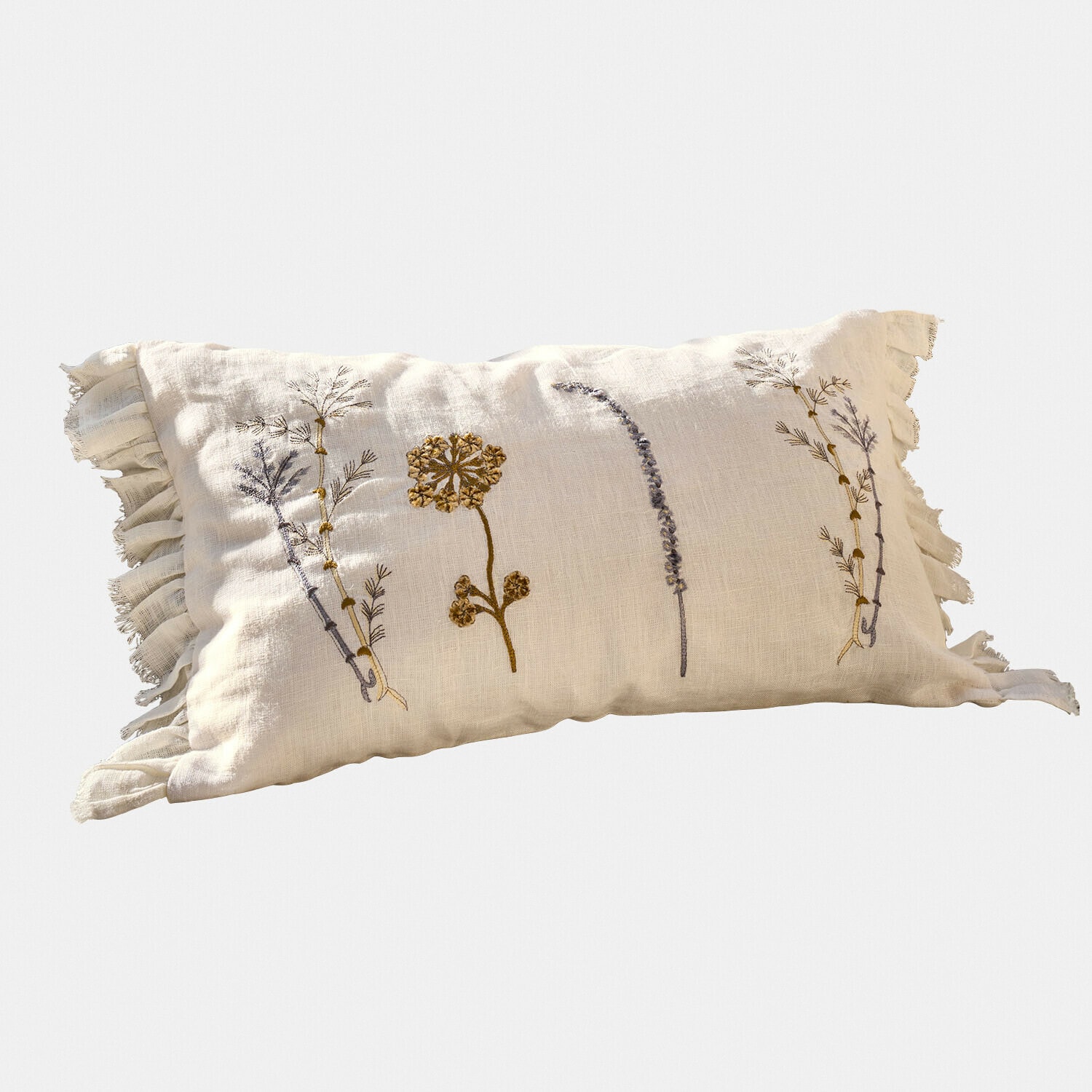 Beiges Leinenkissen mit Pflanzenstickerei und Rüschen, dekoratives Kissen für Wohn- oder Schlafzimmer