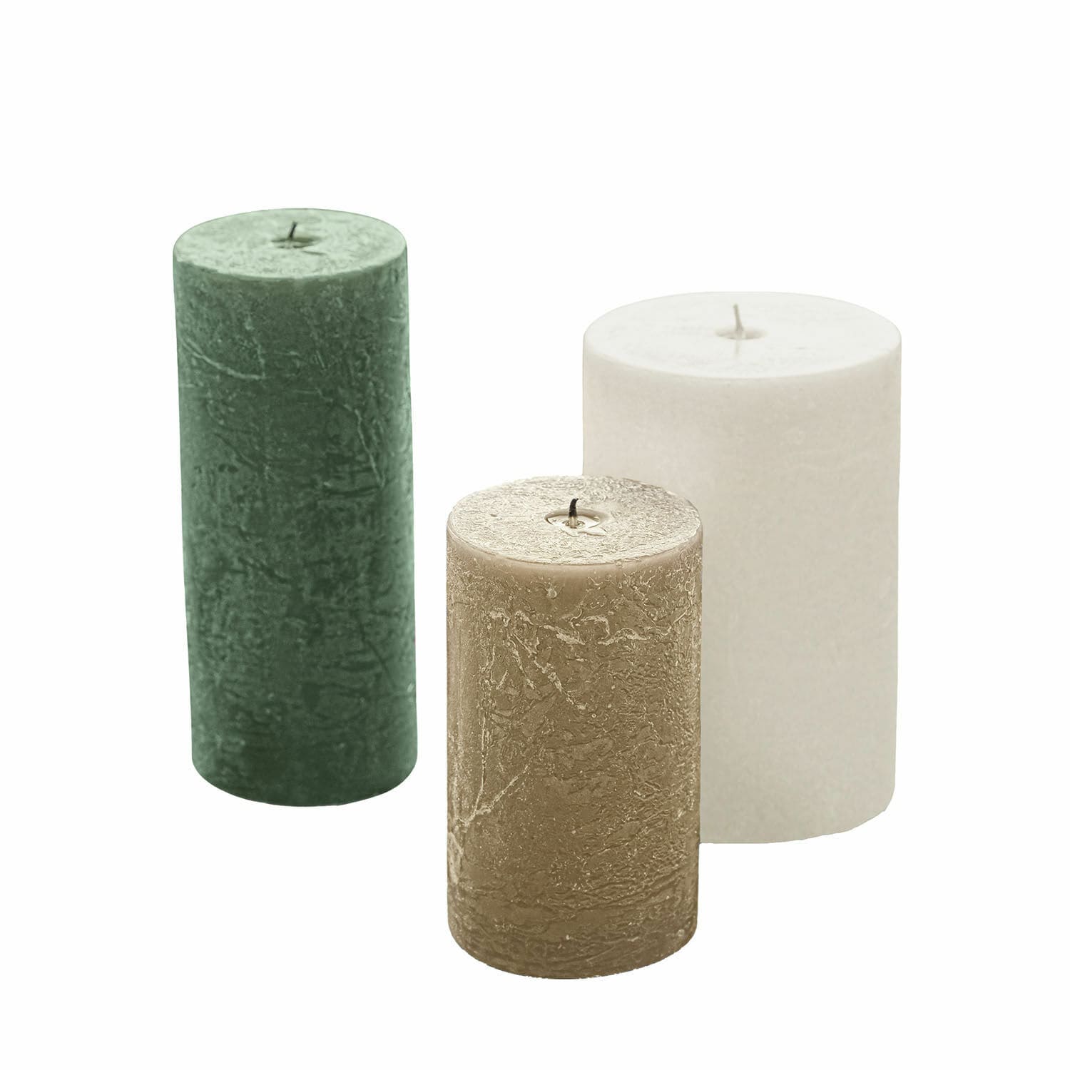 creme/grün/taupe 3er-Set Pretin-Kerzen in Creme, Grün und Taupe mit rustikaler Oberfläche