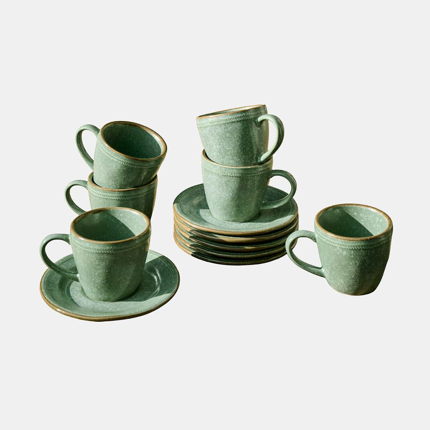 Tasse mit Untertasse 6er Set Norrvik Set grüne Keramiktassen und Untertassen mit braunem Rand für Kaffee