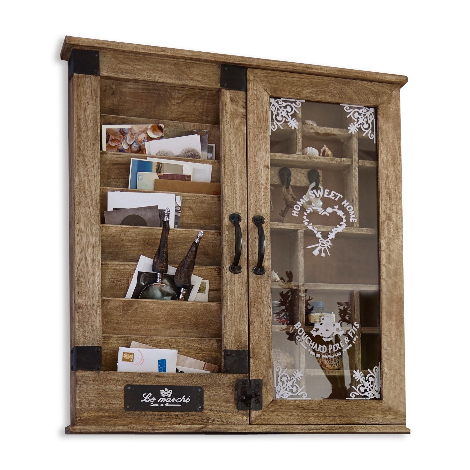 Organizer Shelby Wandschrank aus Holz mit Fächern und Glastür mit der Aufschrift Home Sweet Home