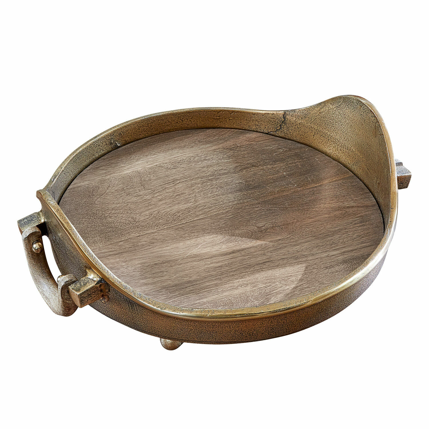 Tablett Louvil Rundes Tablett aus Messing mit braunem Holzboden zum stilvollen Servieren von Getränken.