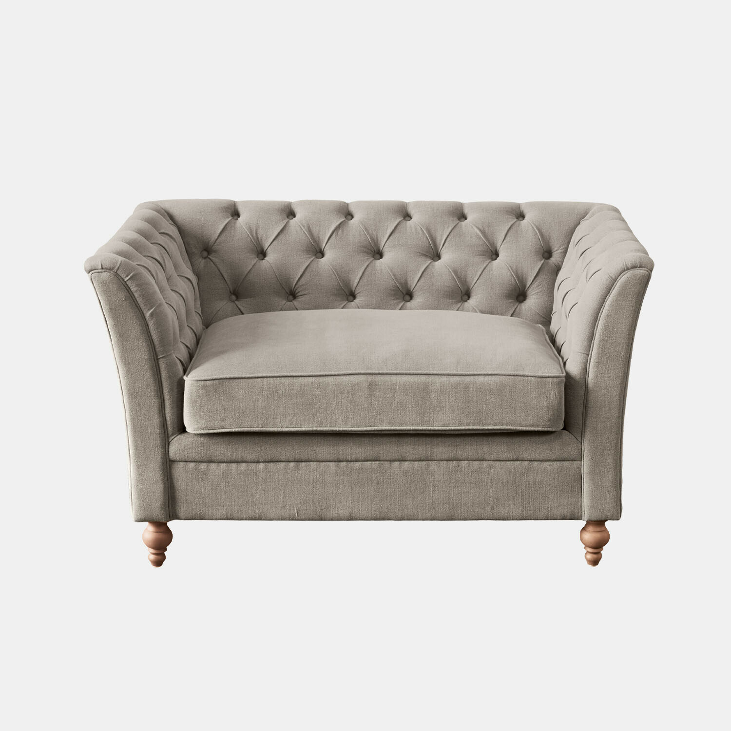Grau bezogenes Sofa mit gesteppter Rückenlehne und Holzbeinen, bequemes Wohnzimmermöbel