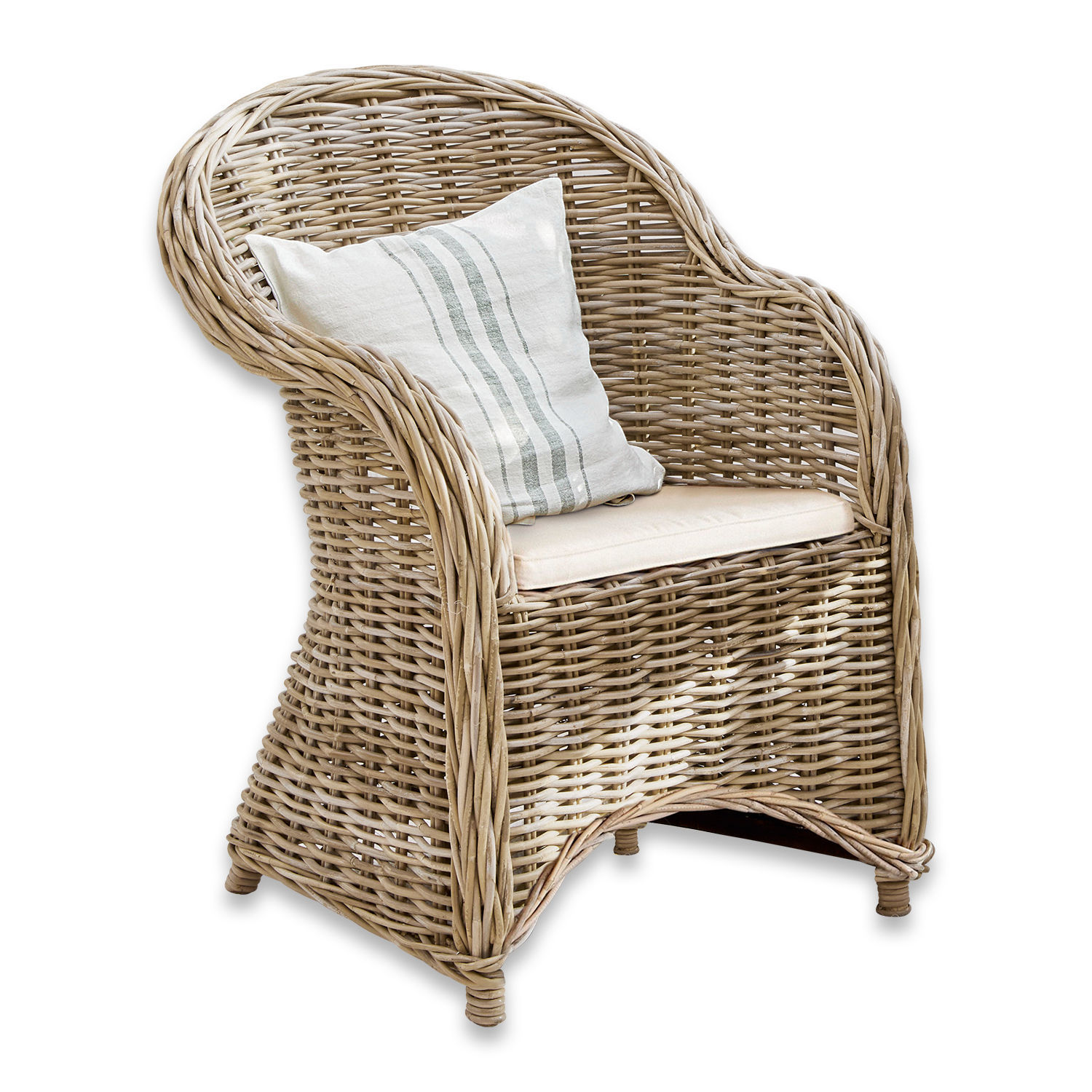 Sessel Margate Rattansessel in Naturfarbe mit hellem Sitzkissen und gestreiftem Dekokissen für das Wohnzimmer