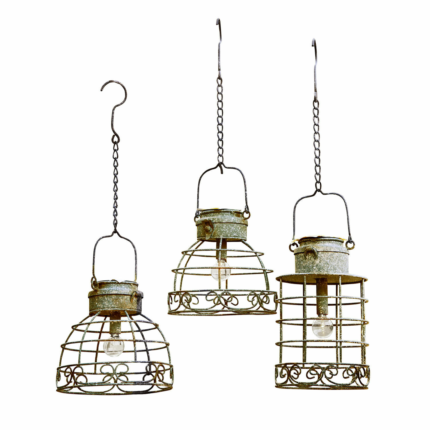 Solar-Laterne 3er Set Yirevol Drei hängende Vintage-Metalllampen in grün-grau mit Gitterdesign, dekorative Beleuchtung für Innenräume