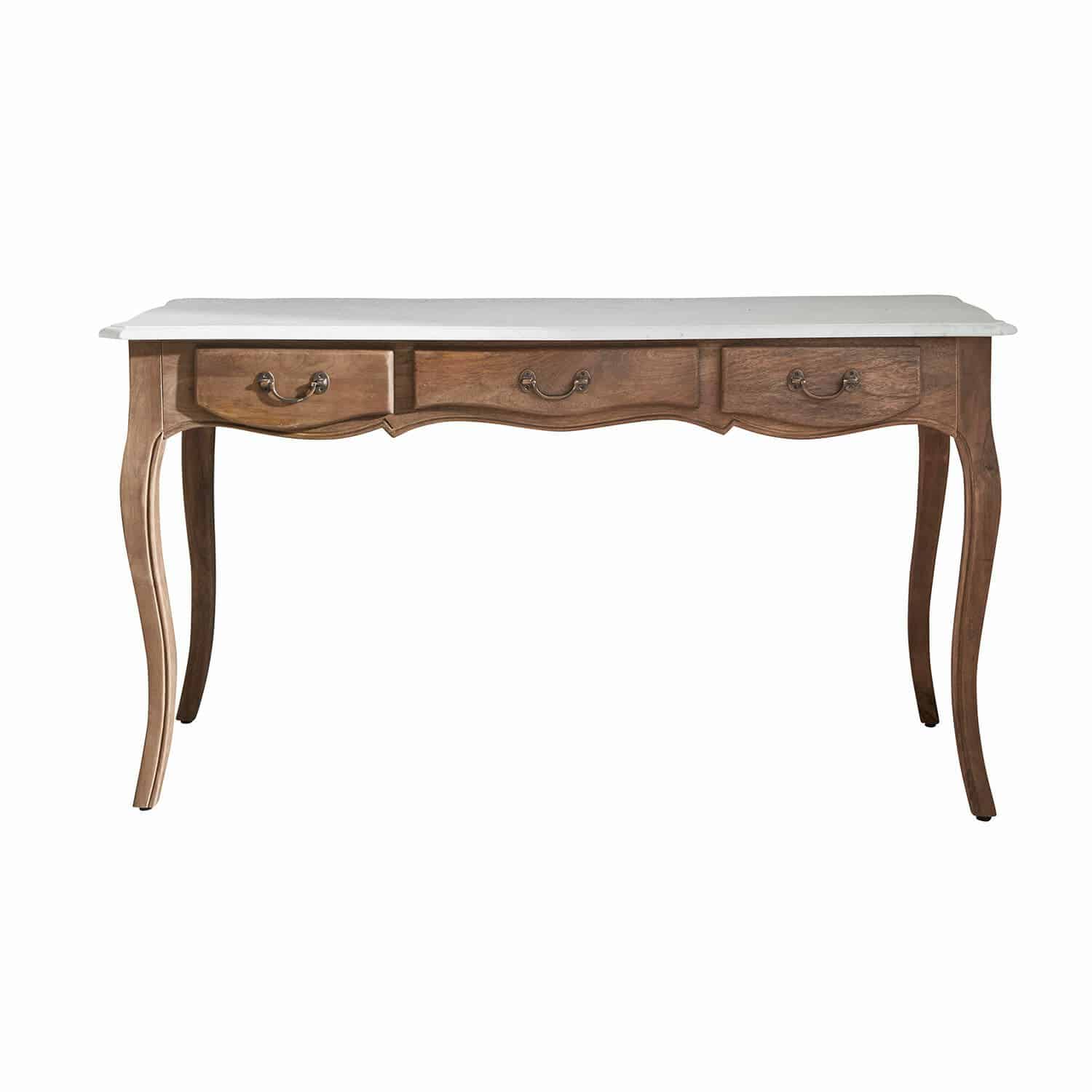 Schreibtisch Whittlesey Klassischer Schreibtisch mit Holzgestell und weisser Marmorplatte, elegantes Möbelstück