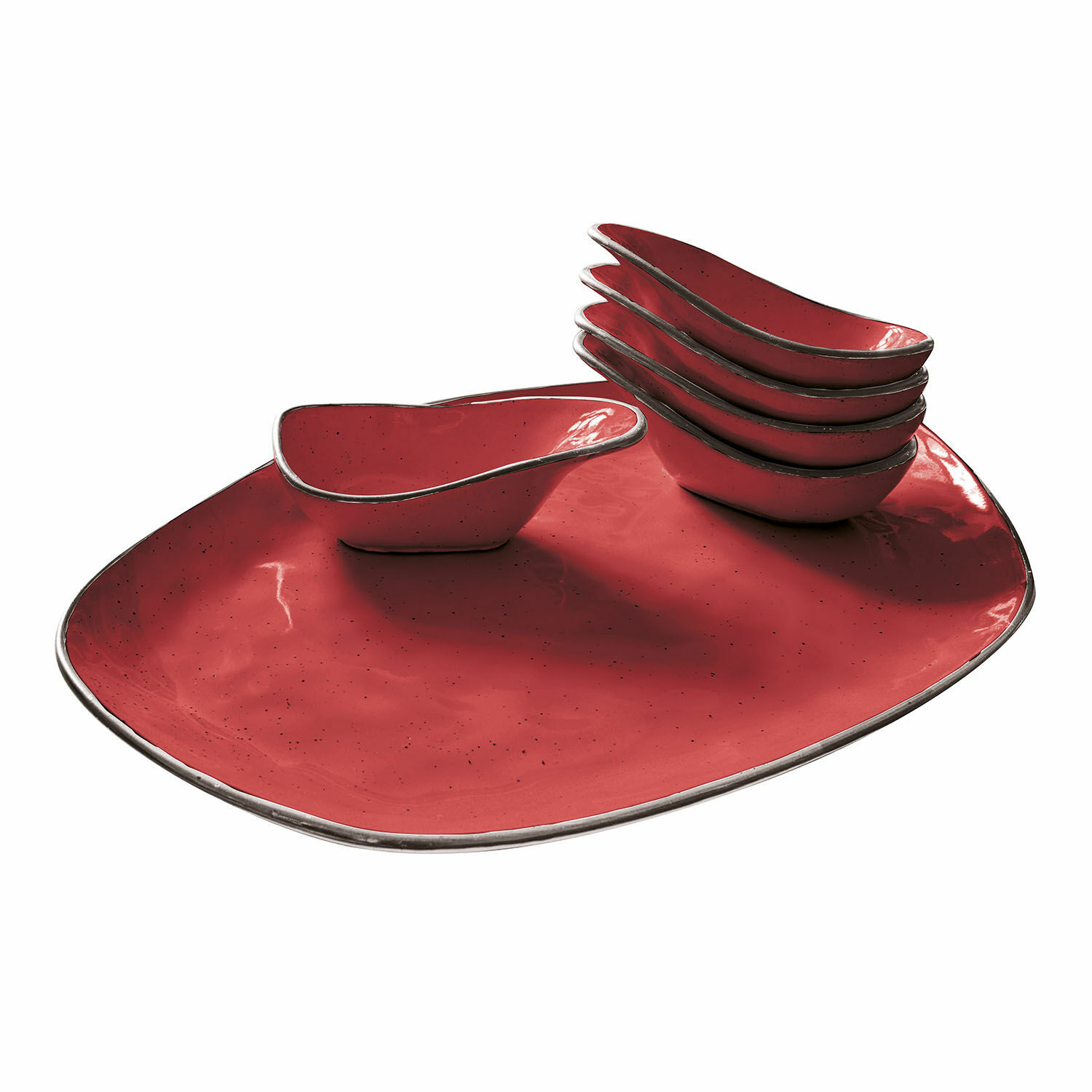 6-teiliges Set rote Keramik-Servierschälchen Biarritz mit grossem Teller für Snacks