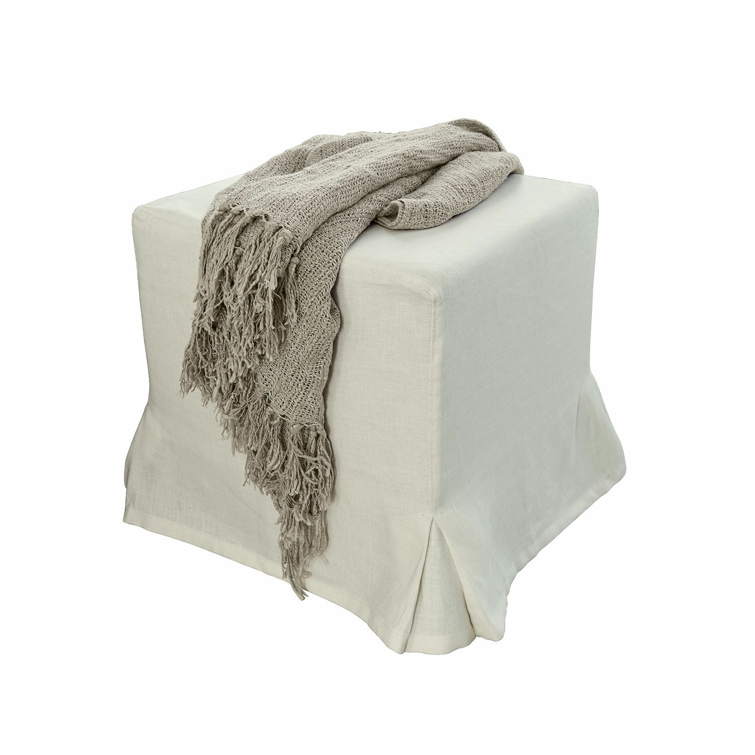 Hocker Ulysette Beiger Stoffhocker mit grauem Strickplaid und Fransen, gemütliches Möbelstück fürs Wohnzimmer