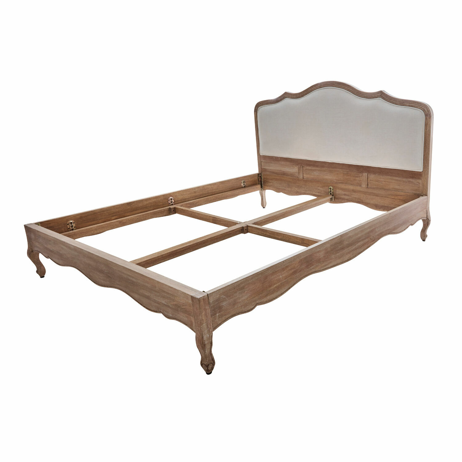 Bett Serravalle aus braunem Holz mit weiss gepolstertem Kopfteil im eleganten Vintage-Stil