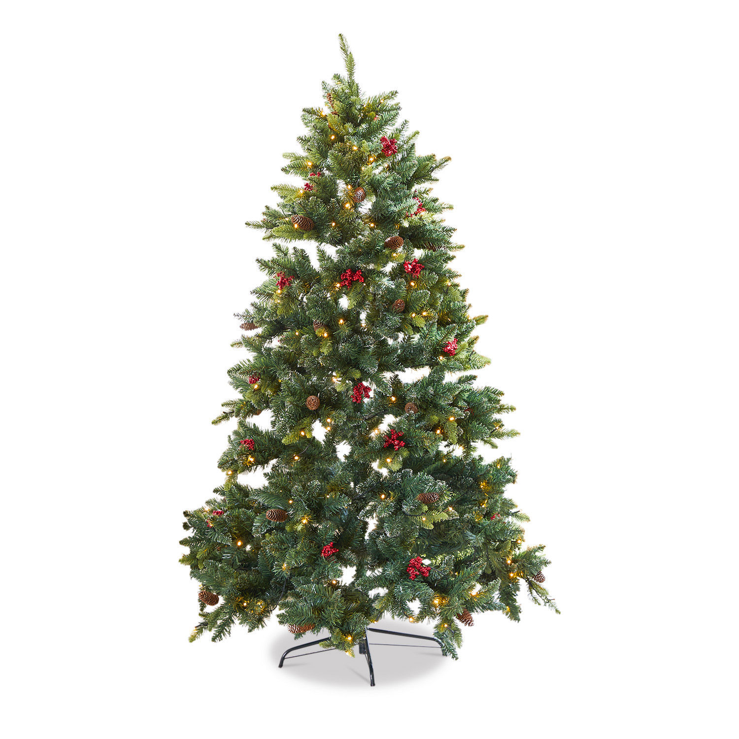 Weihnachtsbaum Bindley Künstlicher Weihnachtsbaum mit grünen Nadeln, roten Beeren, Zapfen und warmweissen LED-Lichtern als Dekoration