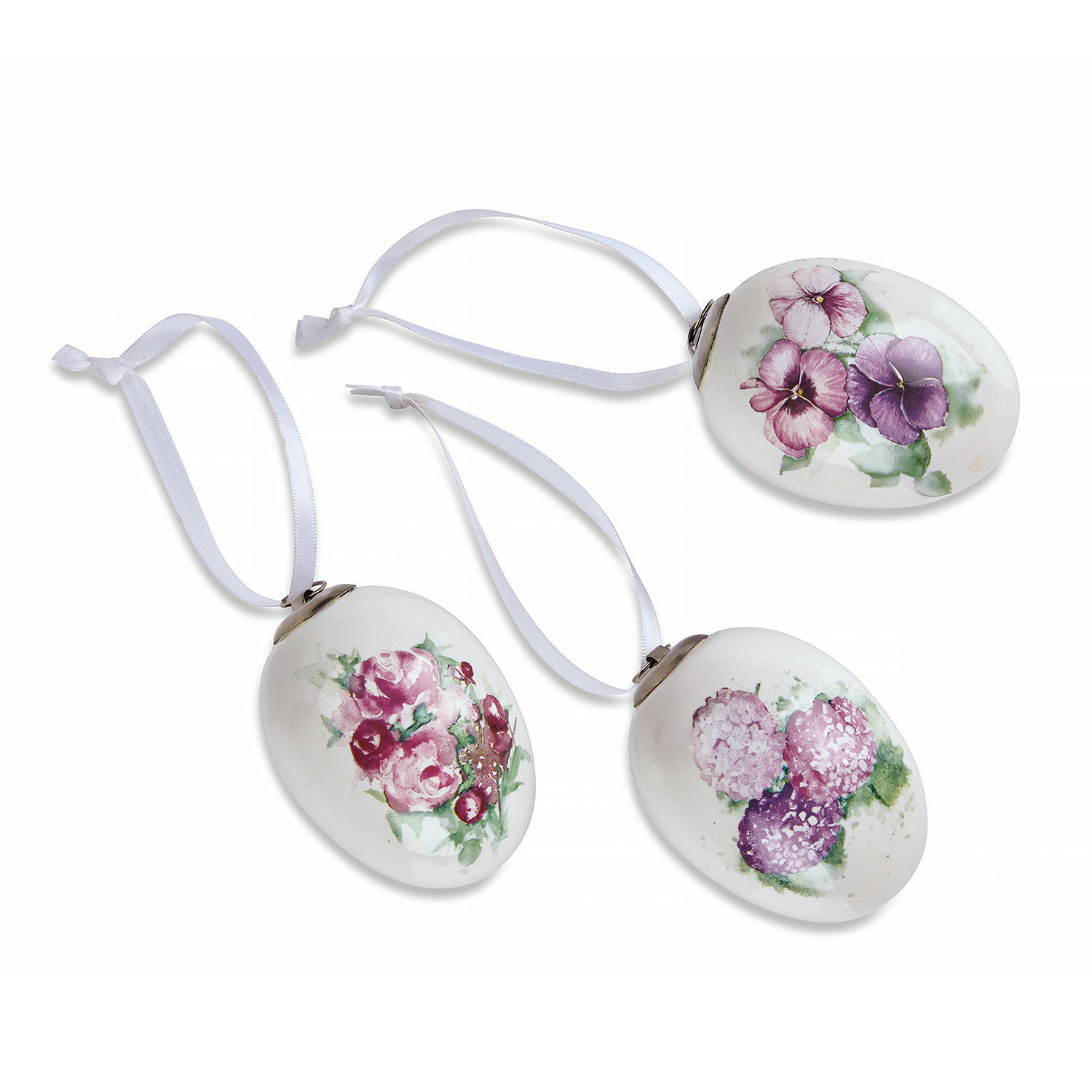 Osterei 3er Set Maurine Weisse Keramikeier mit Blumenmotiven und weissen Bändern zum Aufhängen, Osterdekoration