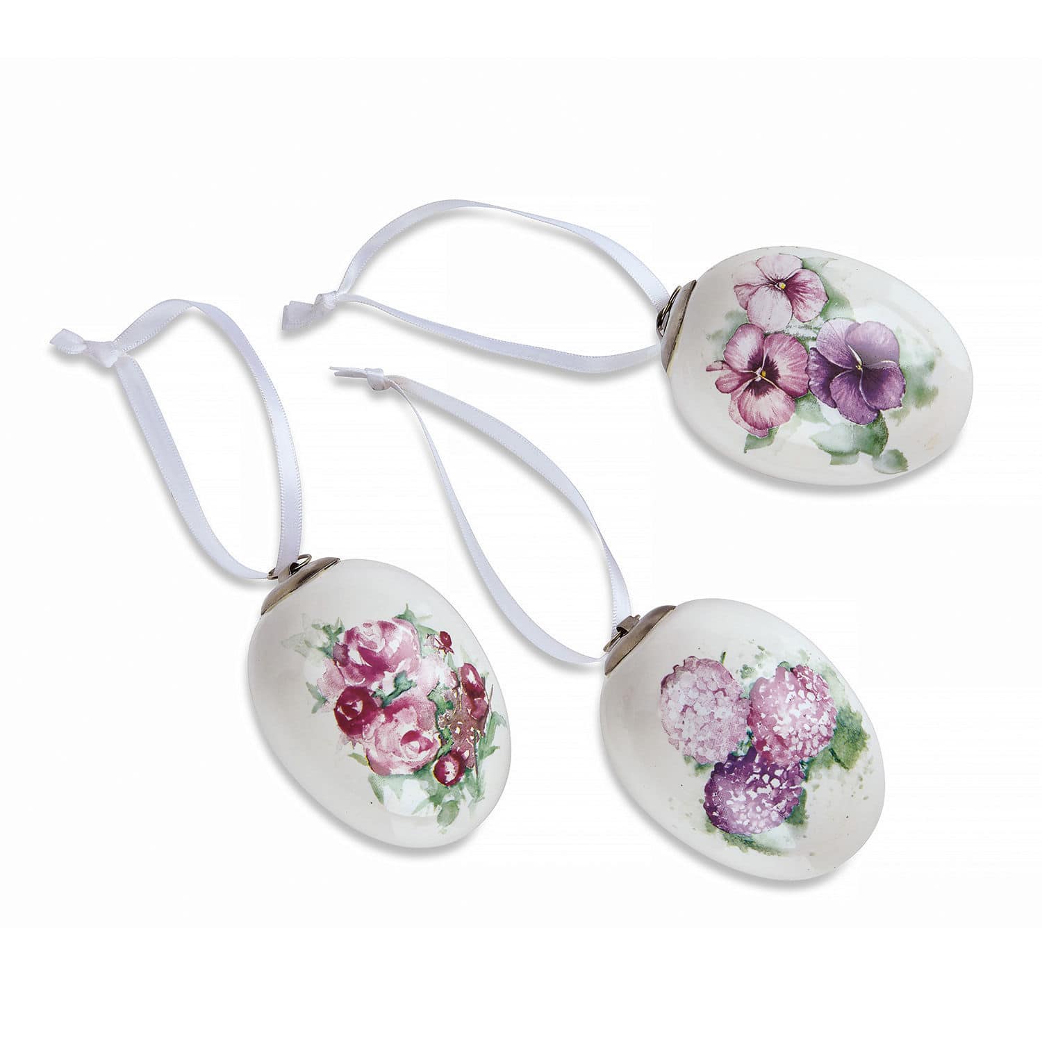 Osterei 3er Set Maurine Weisse Keramikeier mit Blumenmotiven und weissen Bändern zum Aufhängen, Osterdekoration