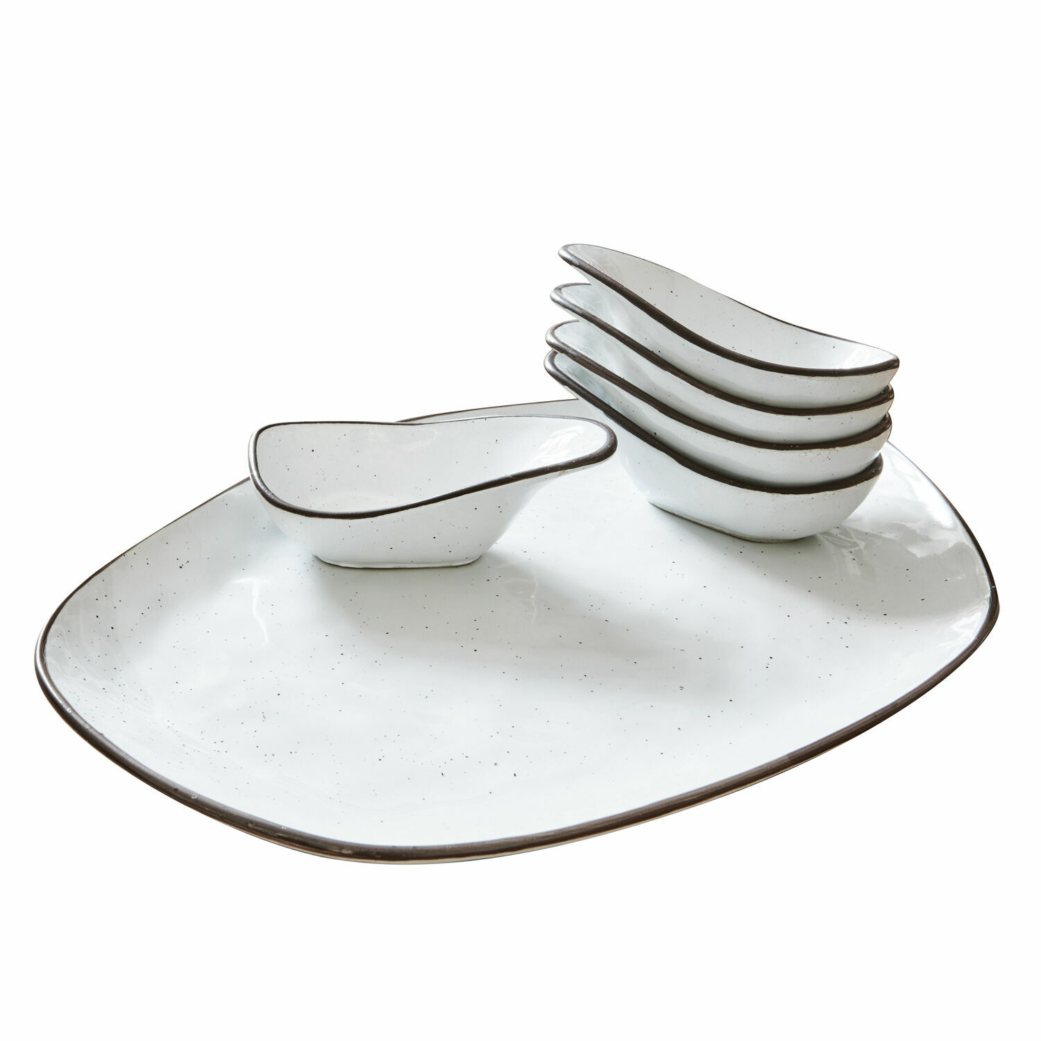 6-teiliges Set weisse Keramikschälchen Biarritz mit grossem Servierteller für Snacks