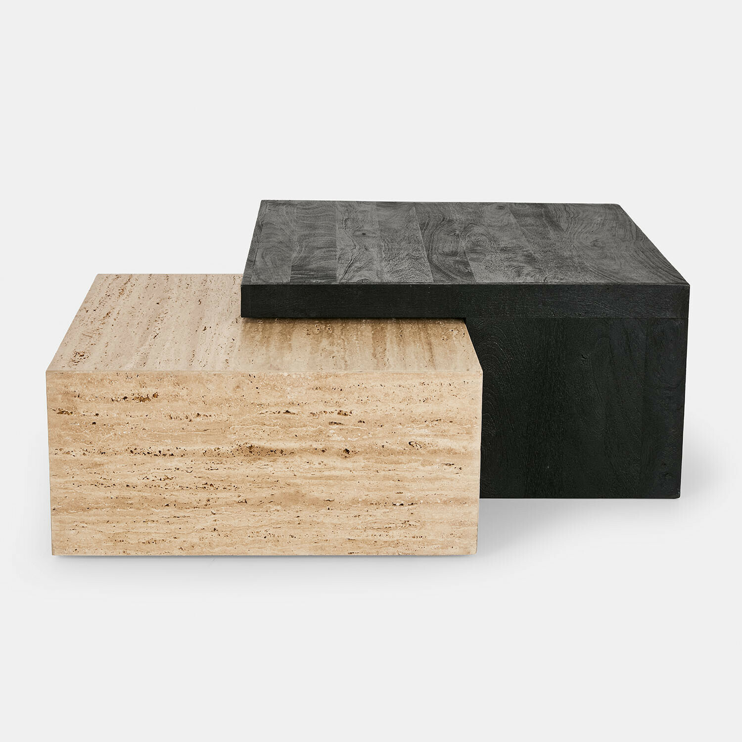 Couchtisch 2er Set Caleneuve Moderne Couchtische aus hellem Travertin und schwarzem Holz mit Keramikkrug und Schale