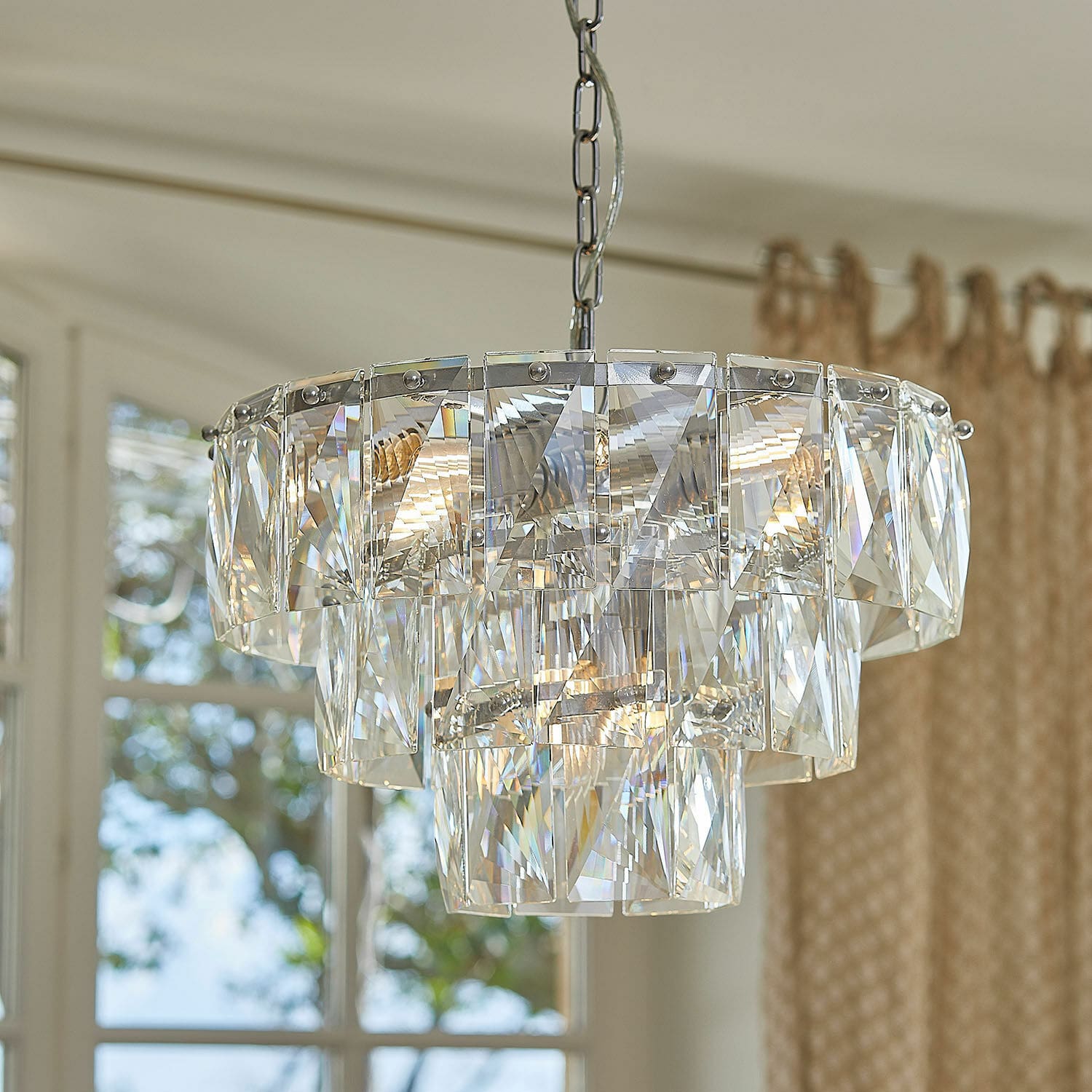 Leuchter Crystalford Hängelampe aus klarem Glas mit Kristallplatten, modernes Wohnzimmerlicht mit elegantem Design