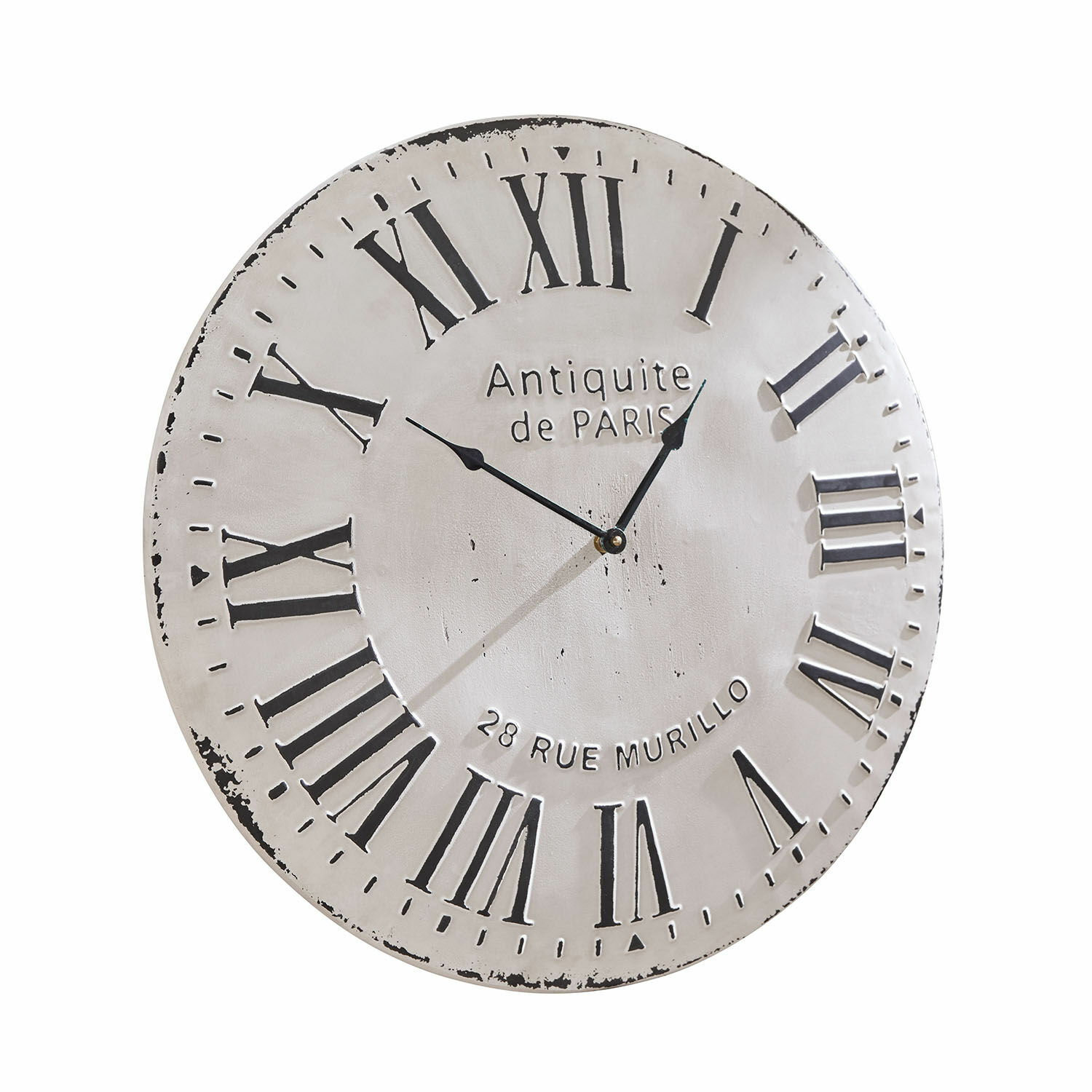 Uhr Rue Murillo Runde Wanduhr aus weissem Metall mit schwarzen römischen Ziffern im Vintage-Stil für Wohnräume