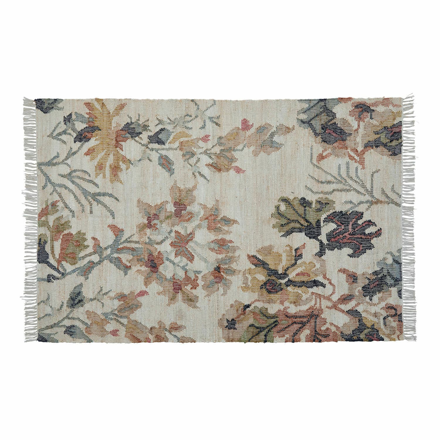 Baumwollteppich in Creme mit pastellfarbenem Blumenmuster, dekorativ fürs Wohnzimmer
