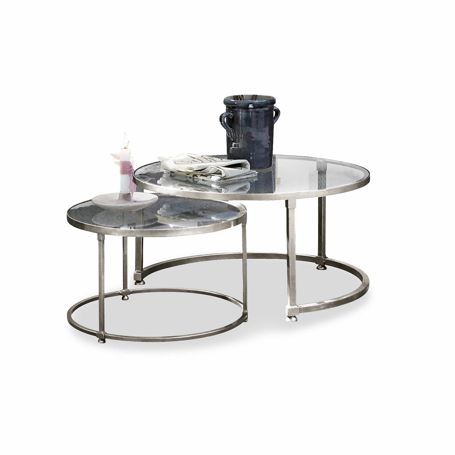 Couchtisch 2er Set Kabala Zweier-Set runder Couchtische mit Glasplatte und silbernem Metallgestell für das Wohnzimmer