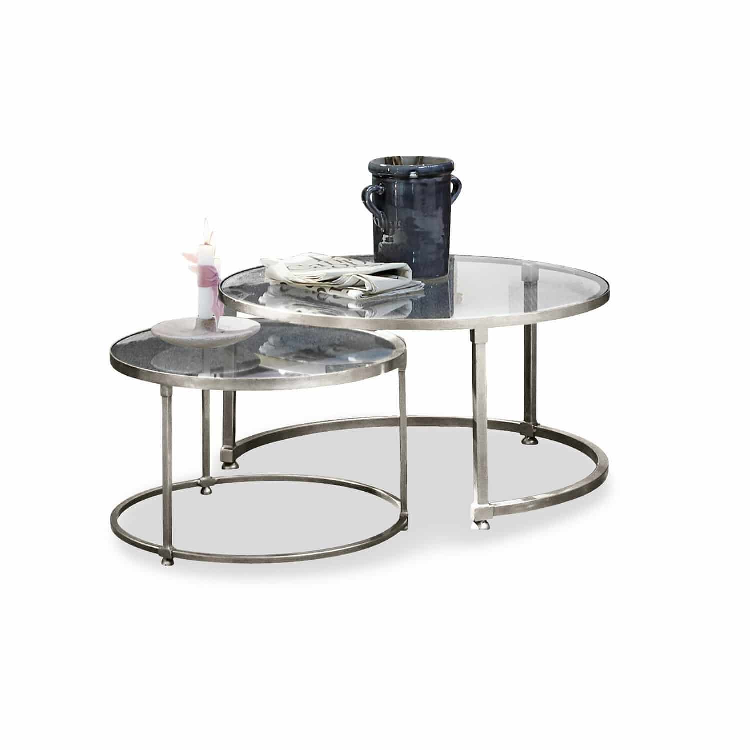 Couchtisch 2er Set Kabala Zweier-Set runder Couchtische mit Glasplatte und silbernem Metallgestell für das Wohnzimmer