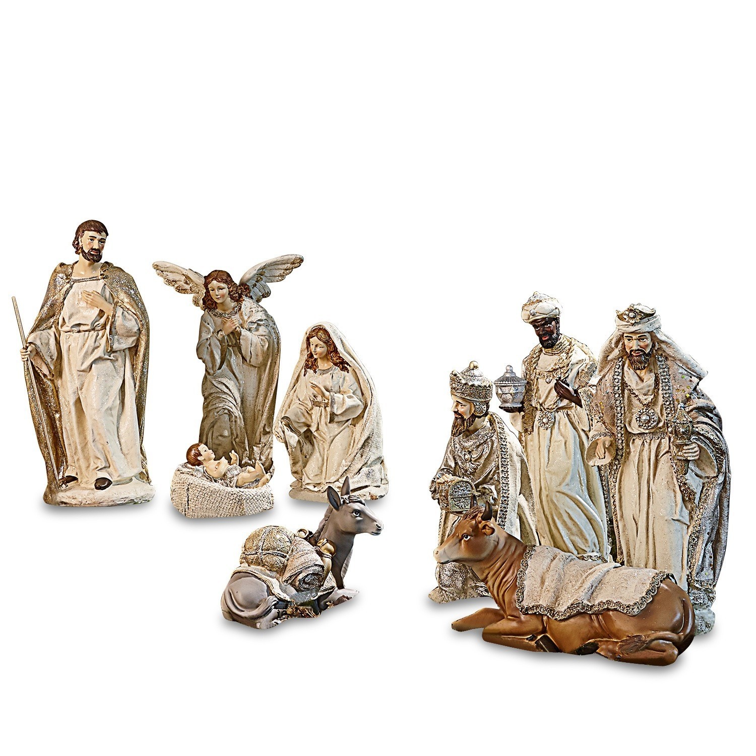 Krippenfiguren-Set mit Figuren und Tieren in cremefarbenen Tönen für Weihnachtsdekoration