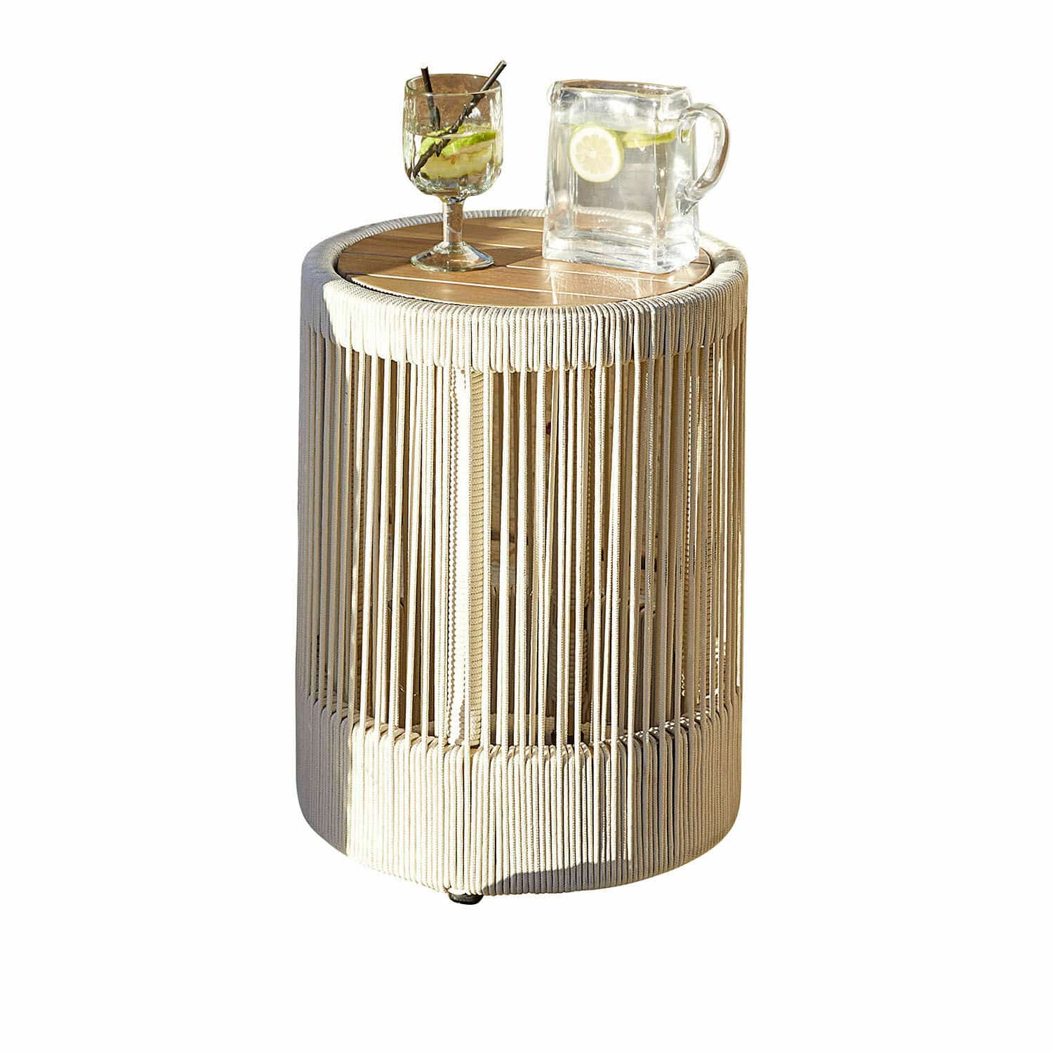 Beistelltisch Delor Runder Beistelltisch aus Holz und beigefarbenem Seil, ideal für das Wohnzimmer und den Garten