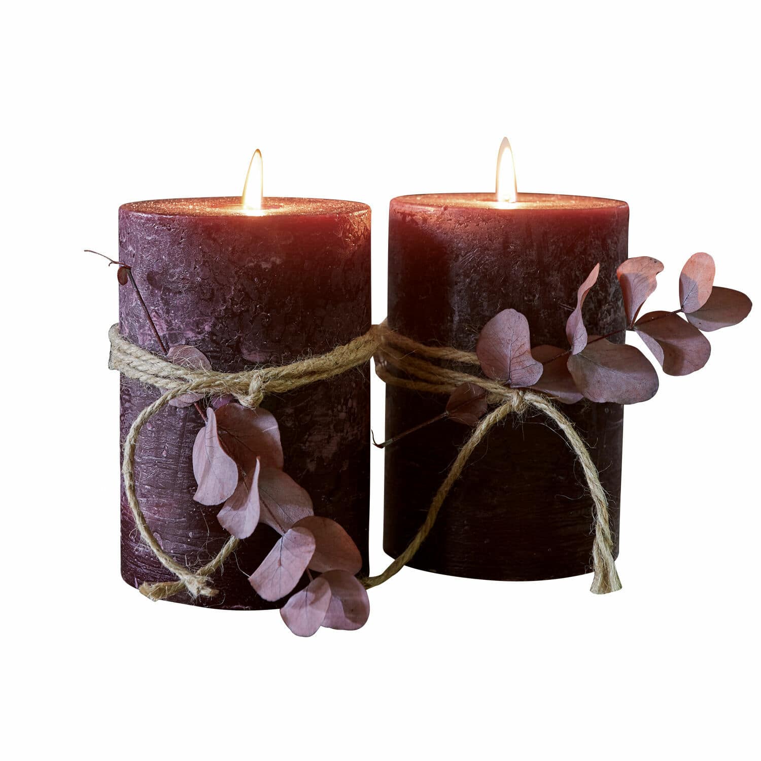 Kerze 2er Set Oviedo Zwei violette Kerzen mit Naturseil und getrockneten Blättern, dekorative Wohnaccessoires