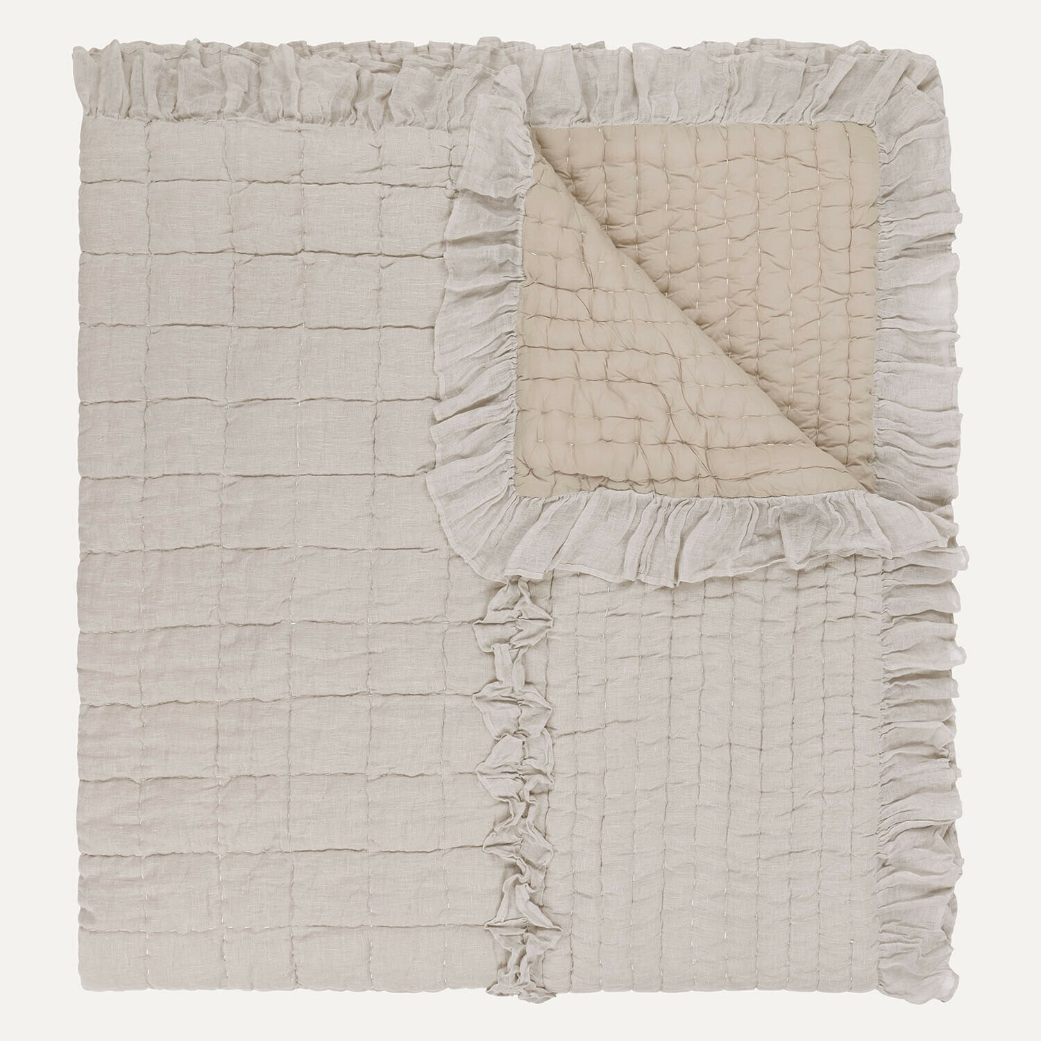 Quilt Calennent Beige gesteppte Leinenbettdecke mit Rüschen, weich und dekorativ fürs Schlafzimmer