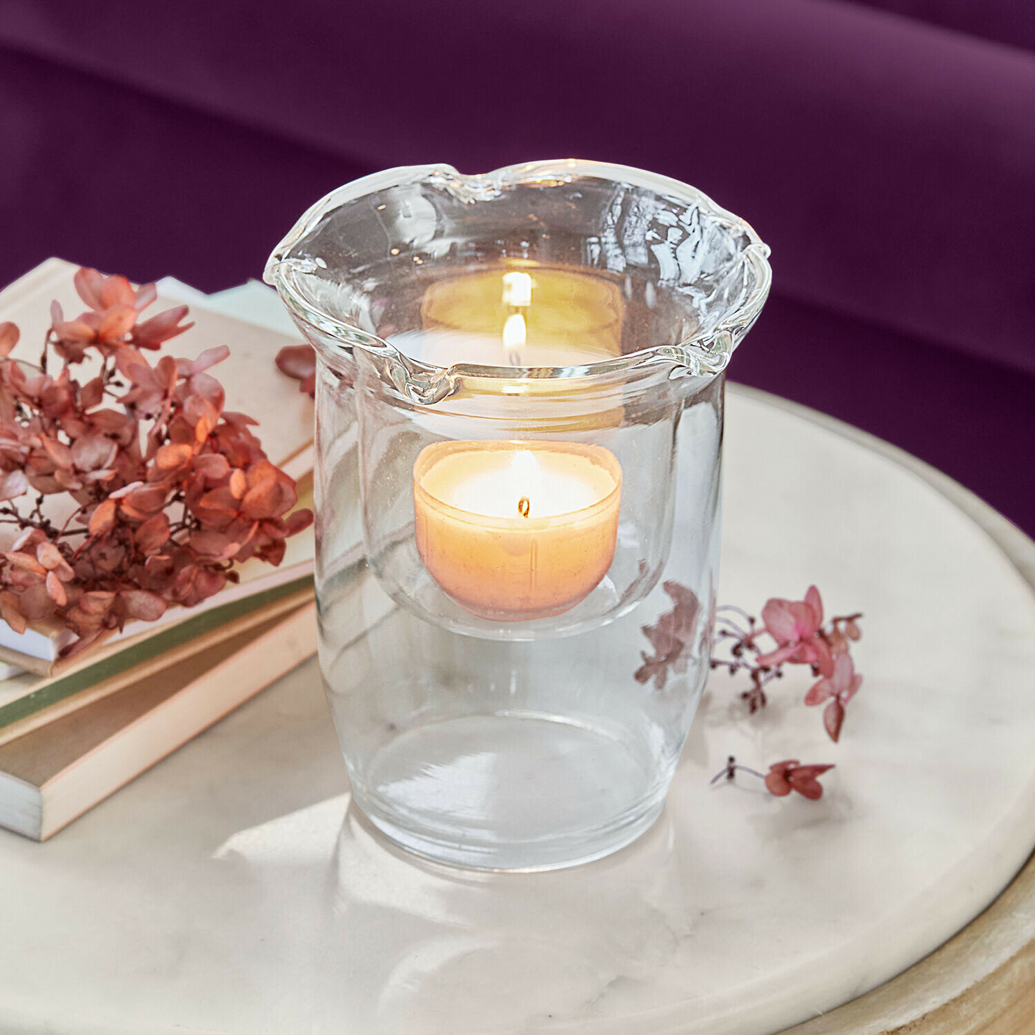 Glas-Teelichthalter aus klarem Glas mit doppelwandigem Design, elegante Tischdekoration