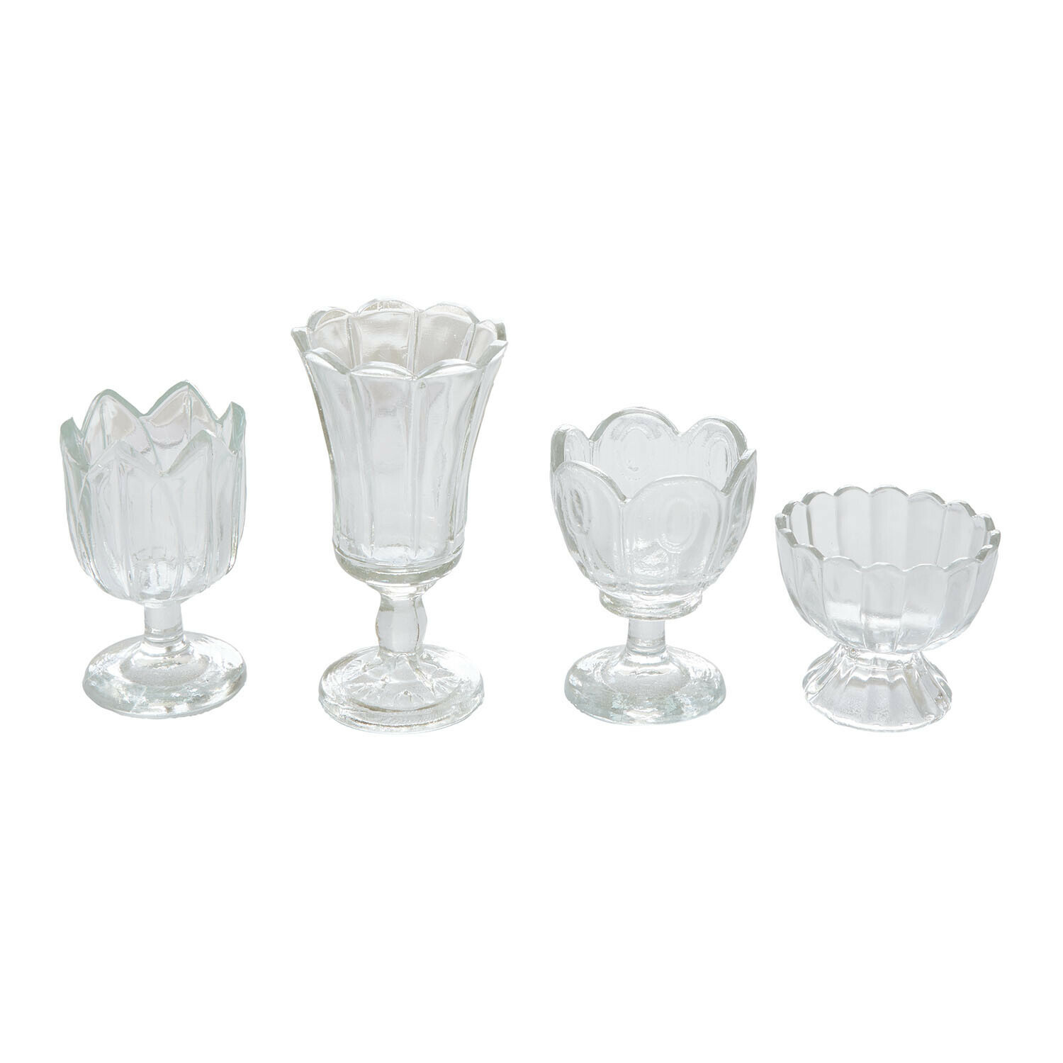 Windlicht 4er Set Amisette Set mit vier transparenten Glas-Kerzenhaltern in verschiedenen Formen und dekorativen Mustern