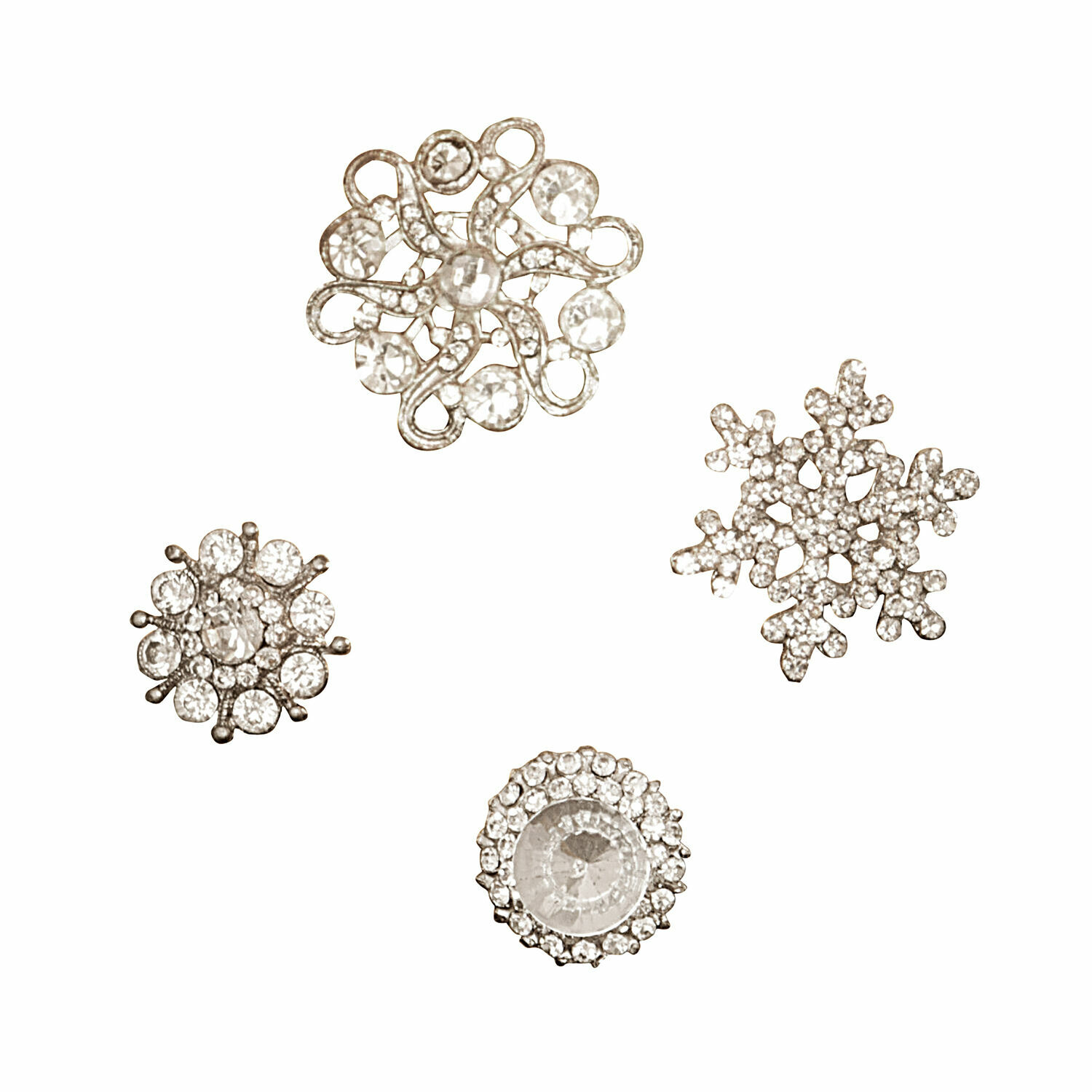 Deko-Pins 4er Set Brillliant Pins Set aus vier silbernen Schmuckknöpfen mit Kristallen zum Dekorieren und Nähen