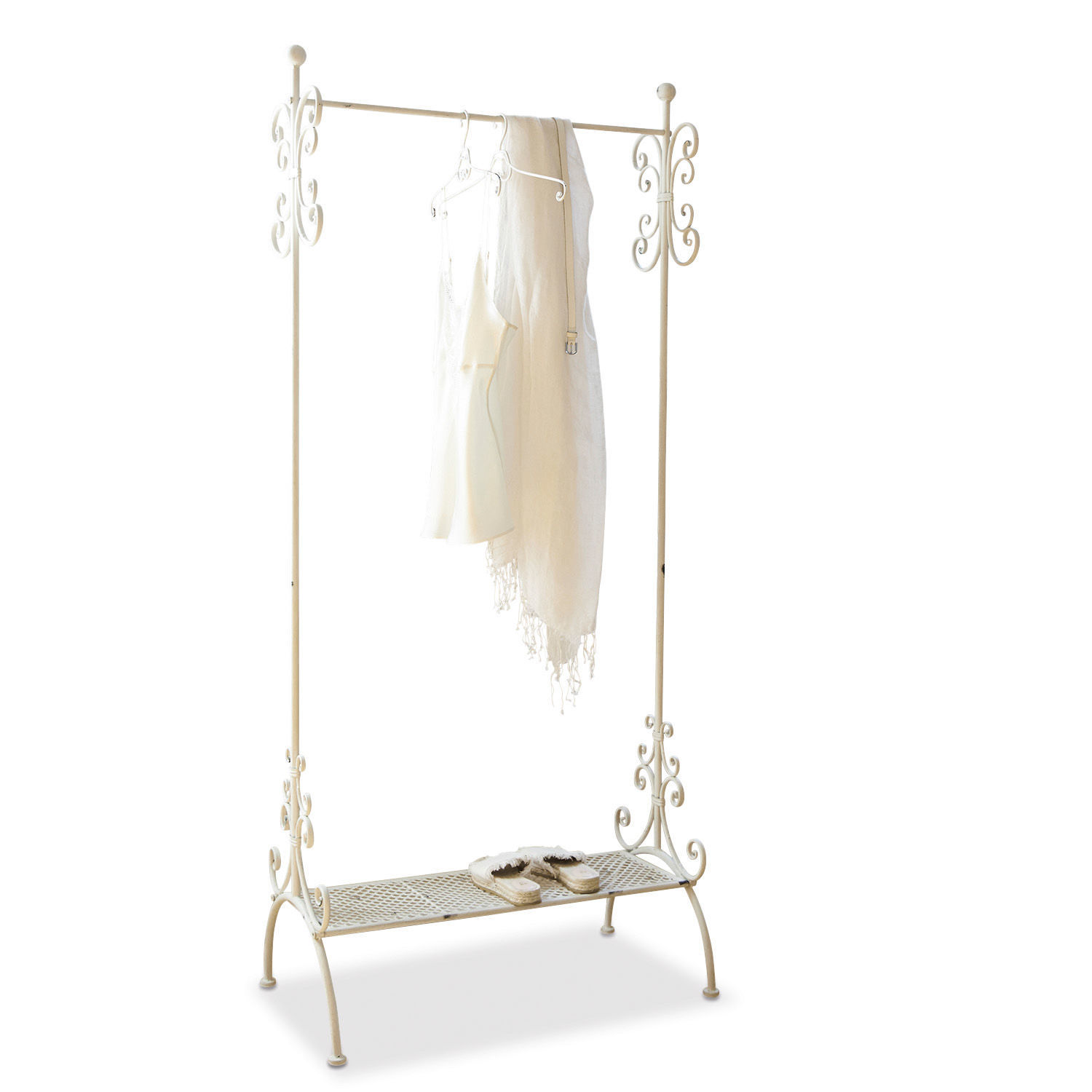 Garderobe Épinay Metall-Kleiderständer in Creme mit dekorativen Details und Schuhablage für den Eingangsbereich