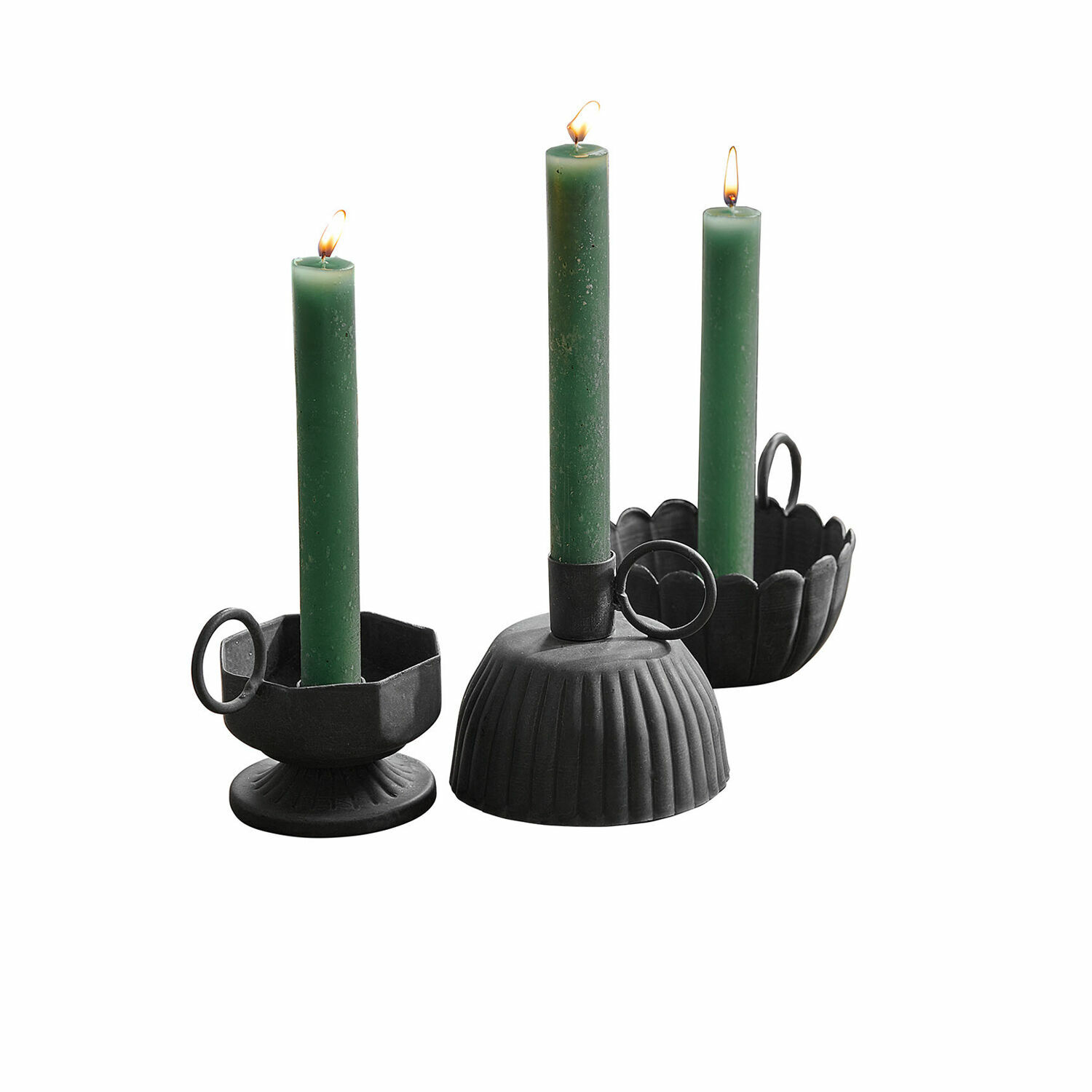 Kerzenhalter 3er Set Lazharin Set aus drei schwarzen Metallkerzenhaltern mit grünen Kerzen für Wohnraumdekoration