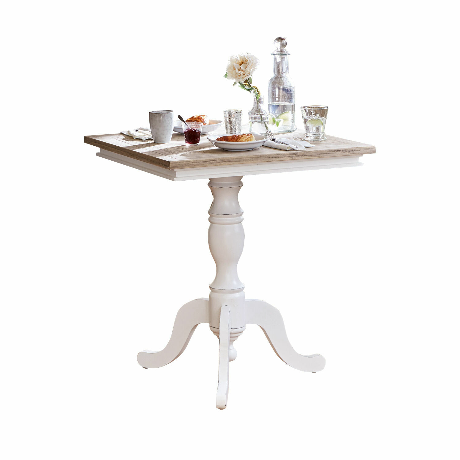 Tisch Kingston Quadratischer Holztisch mit weissem Fuss und naturfarbenem Tischblatt im rustikalen Stil
